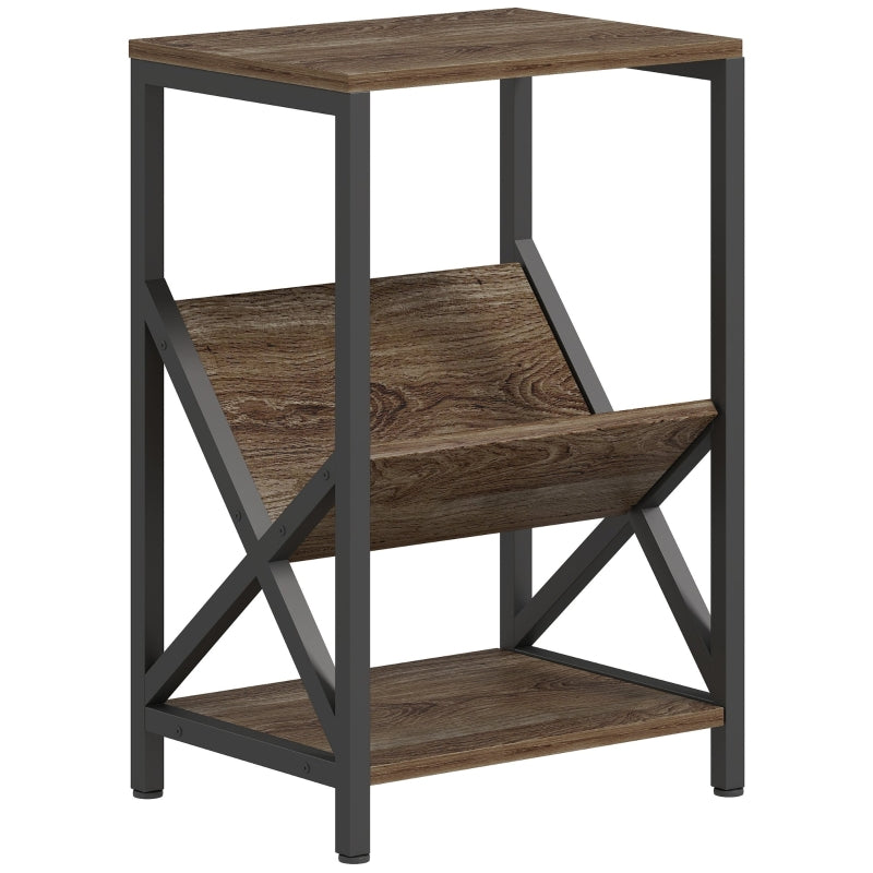 Narrow Side End Table 3-Tier Storage V-Shaped Magazine Holder Oak