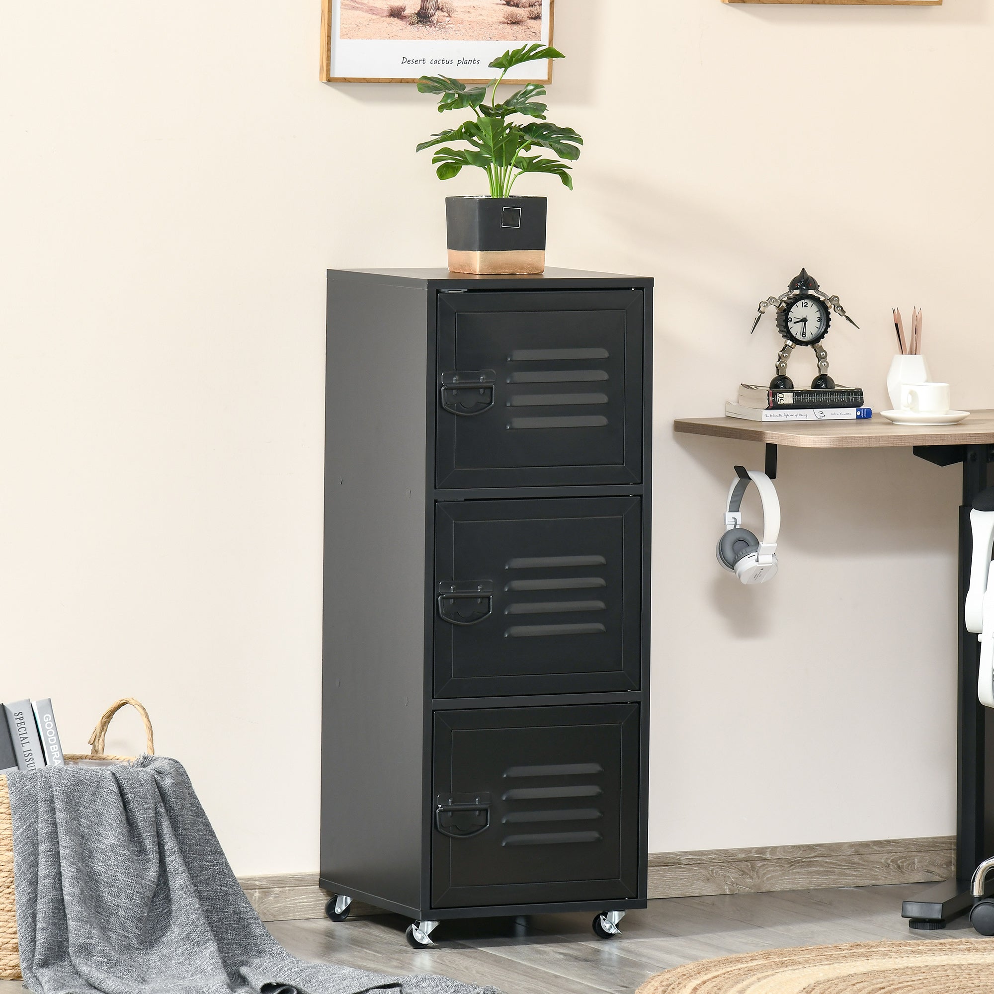 Rolling Storage Cabinet 3-Tier Mobile File Cabinet with Wheels and Metal Doors, Black