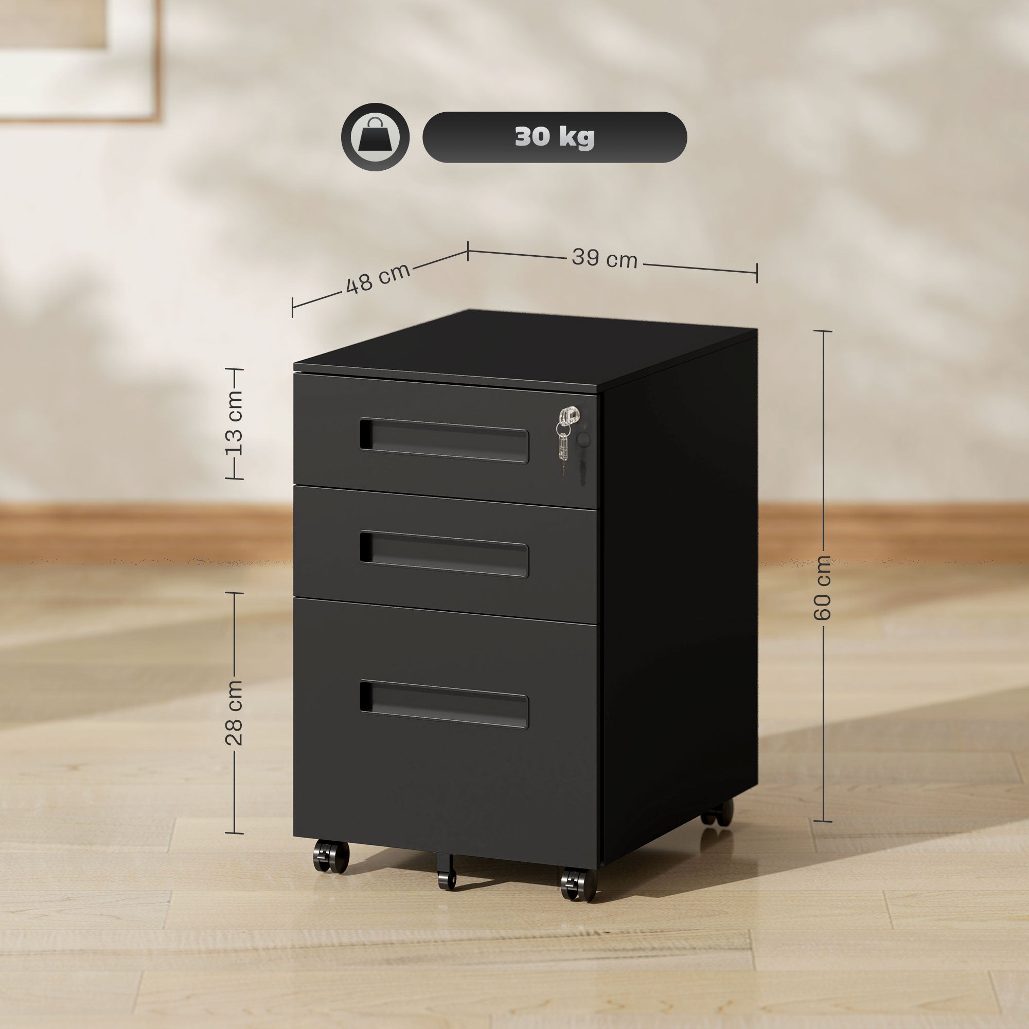 Vinsetto Three-Drawer Filing Cabinet - Steel, Black