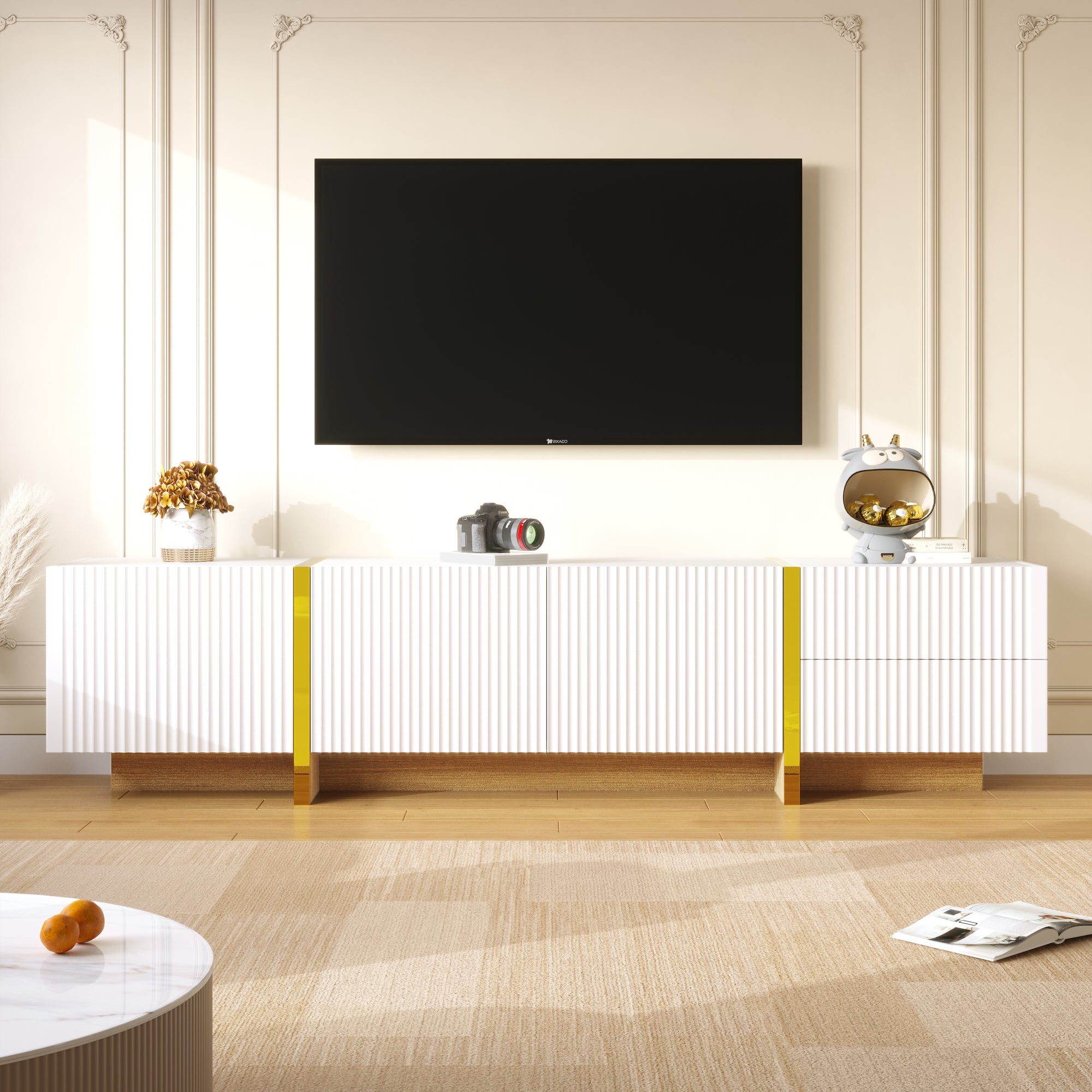 TV Cabinet 190 cm 3 Doors 2 Drawers, White Gold Wood Grain