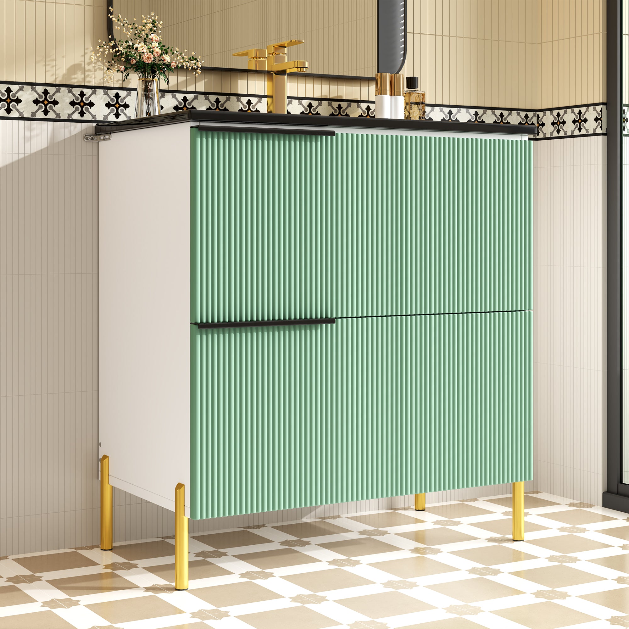 Bathroom Vanity Unit with Ceramic Sink and Storage Drawers, Green