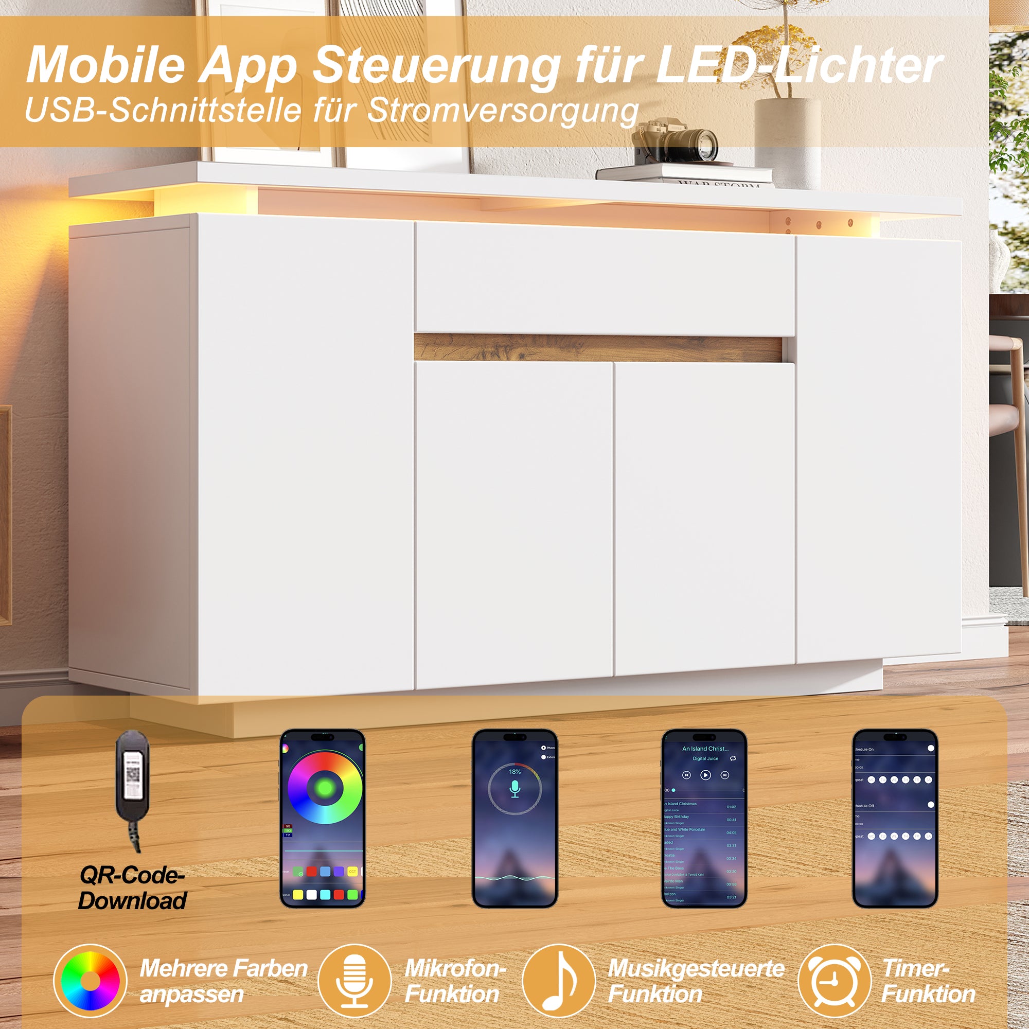 Sideboard Chest of Drawers LED Lighting 1 Drawer 4 Door Storage White