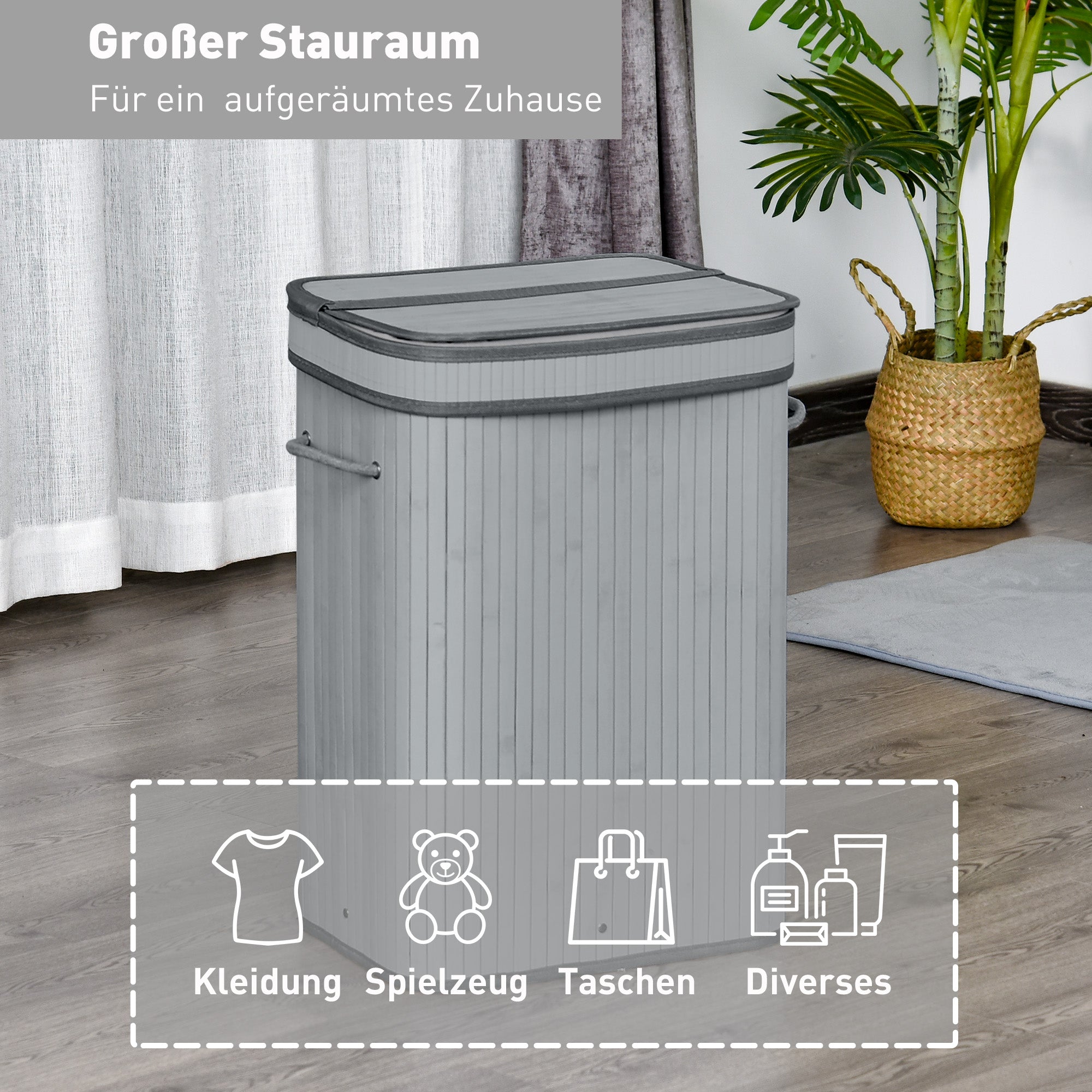 Bamboo Laundry Basket, 70L, Narrow with Lid, Gray