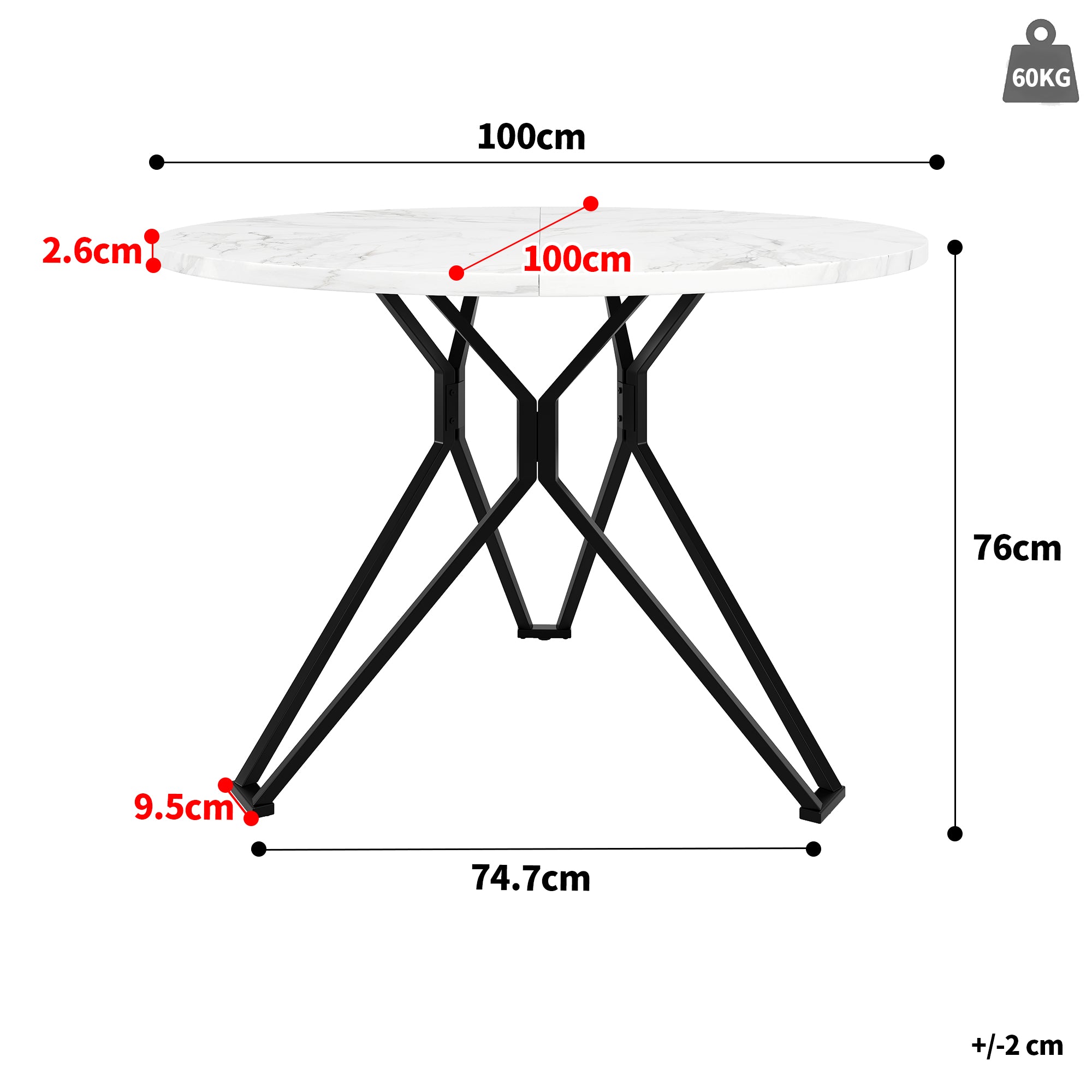 Dining Table Set 5-Piece 100cm Round MDF Marble Top Black Metal Legs Grey Linen