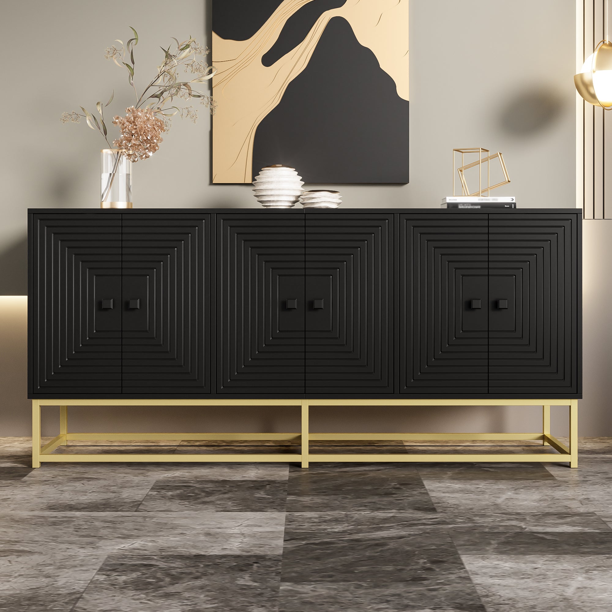 Storage Cabinet Sideboard with 3 Double Doors, Large Storage, Matte Black