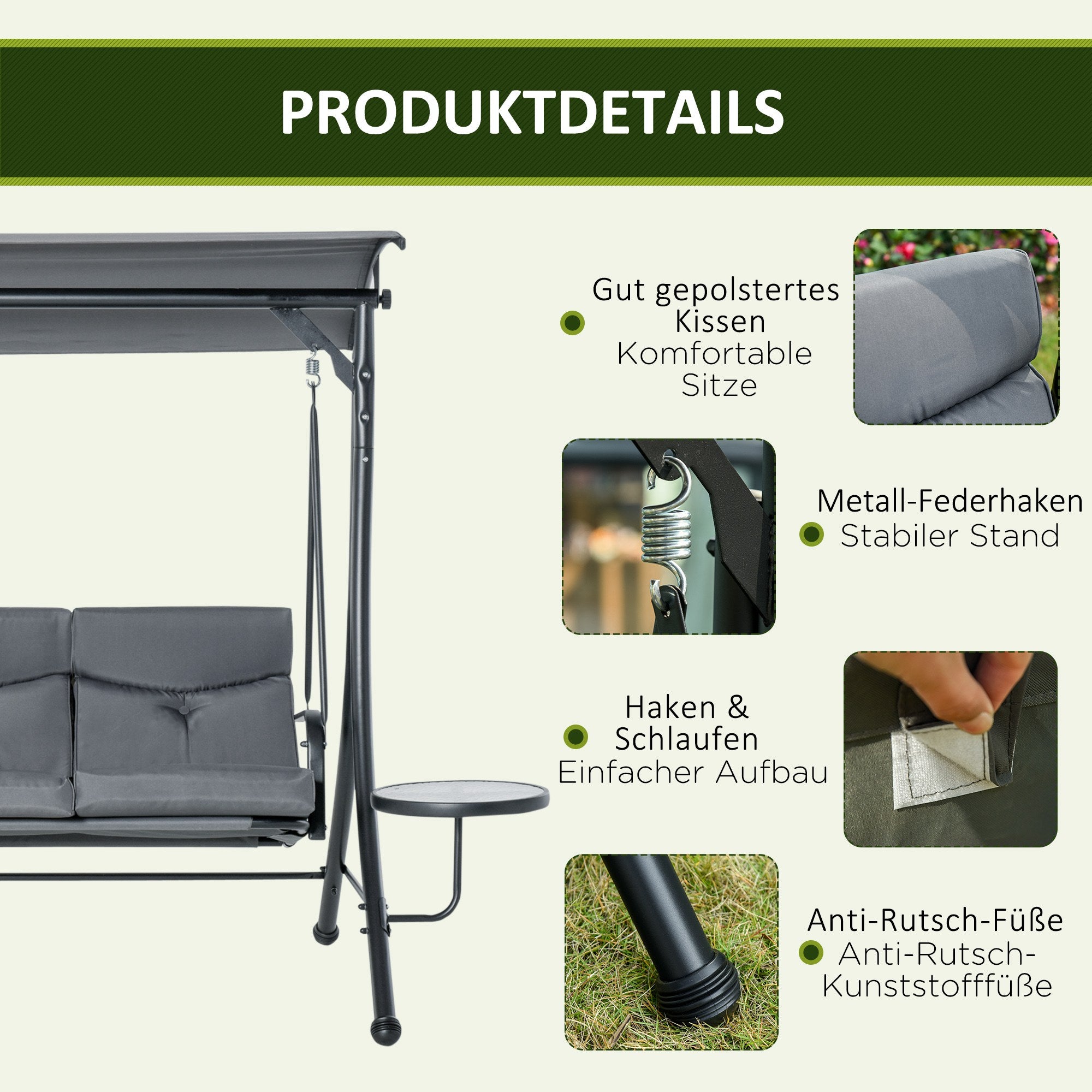 Hollywood Swing 3-Seater with Adjustable Sunshade, Tea Table, Steel Polyester Grey/Black