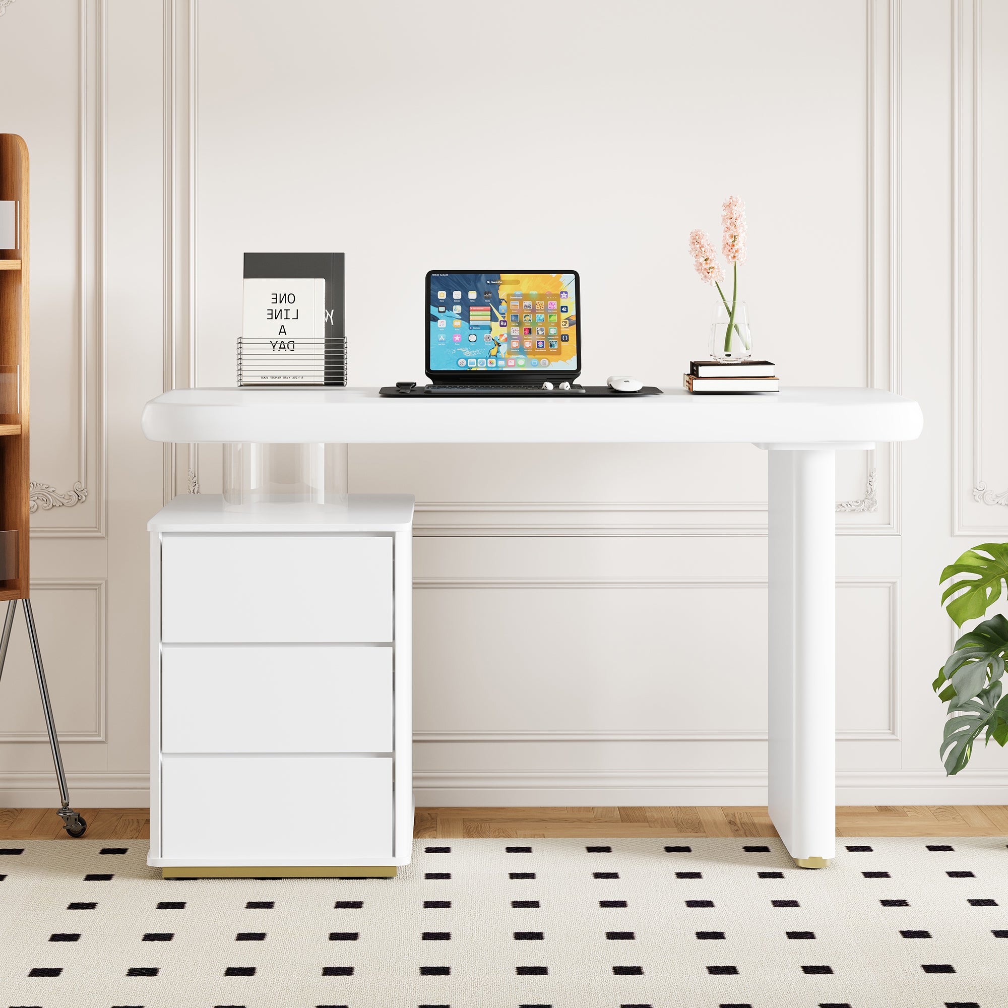 Modern Desk, 117×50×74 cm, Cloud Shape, 3 Drawers, White Lacquer Finish