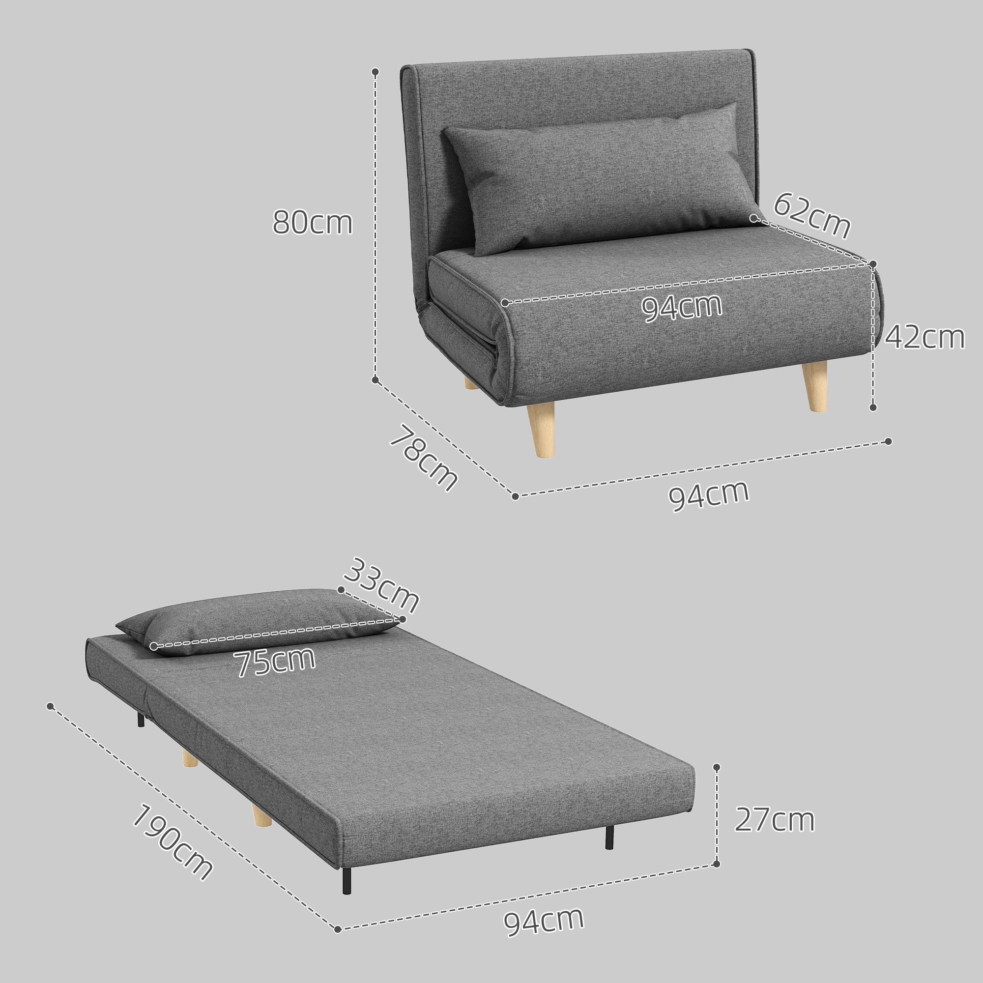 Small Single Sofa Bed, Folding Adjustable Backrest, Grey