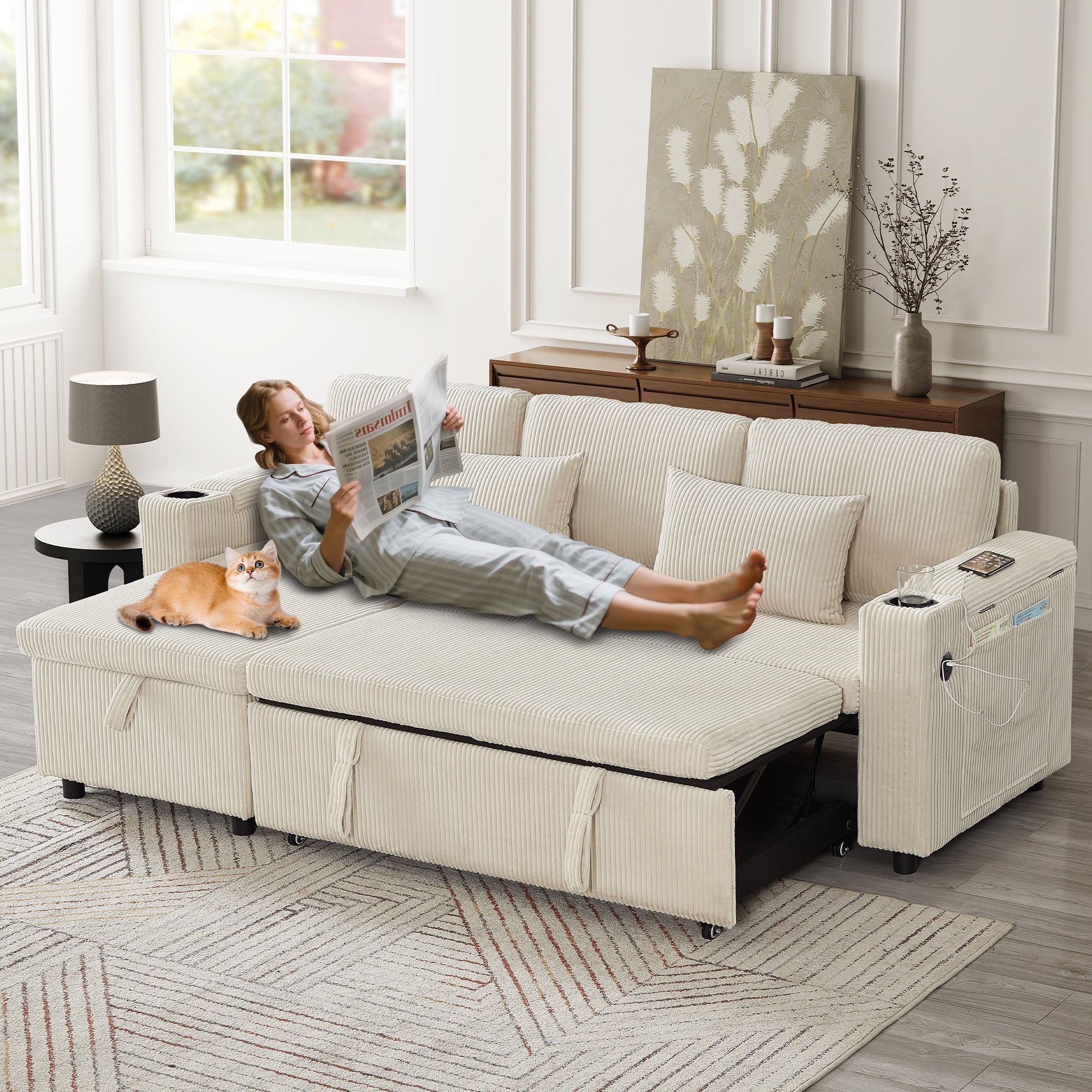 3 in 1 Convertible Corduroy Sofa Bed with Storage Chaise, L-Shaped Sleeper Sofa Couches with Armrest Storage and Charging Station, Pullout Sectional Daybed for Living Room/Bedroom/Office, Beige