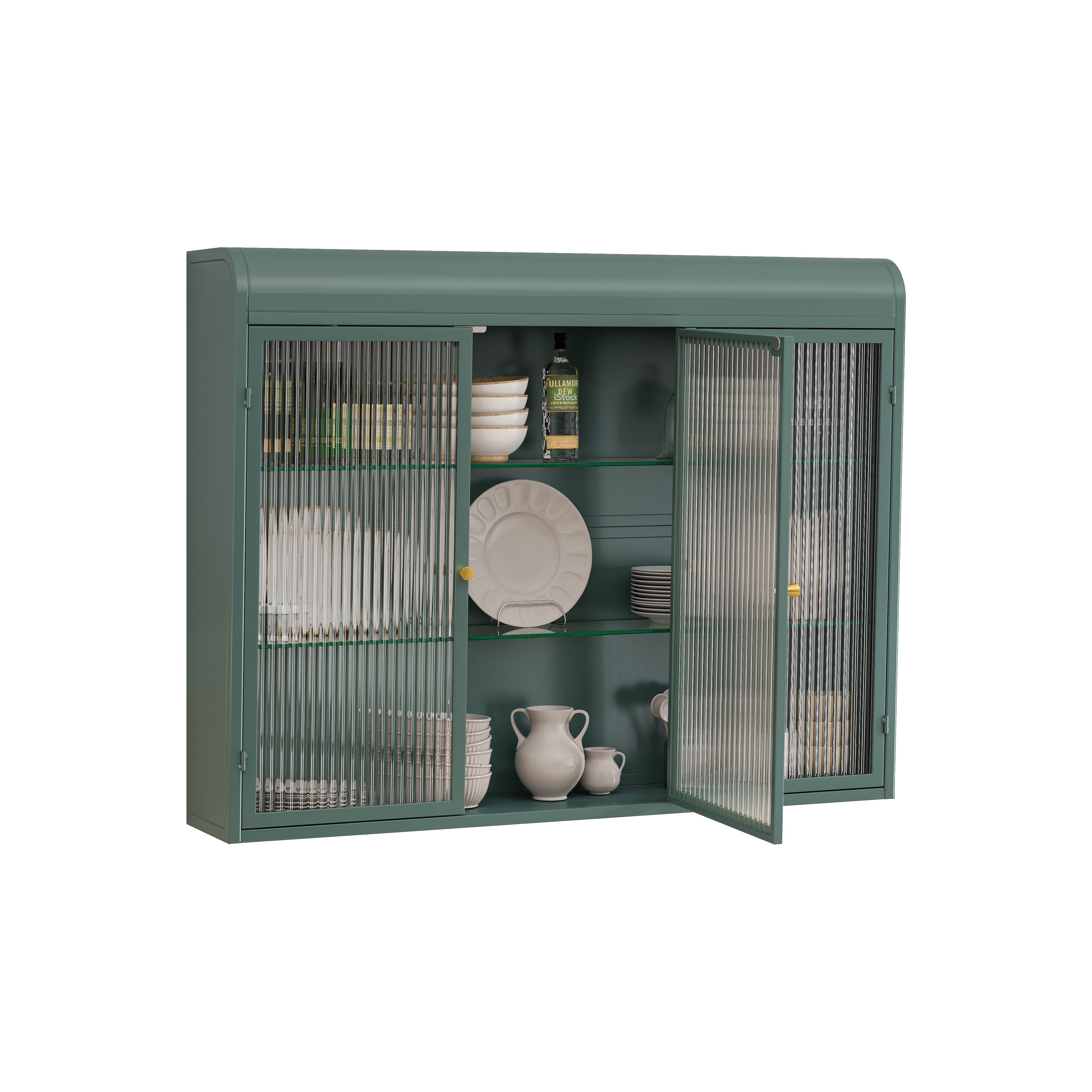 3 Door Arched Wall Mounted Glass Cabinets - Dark Green