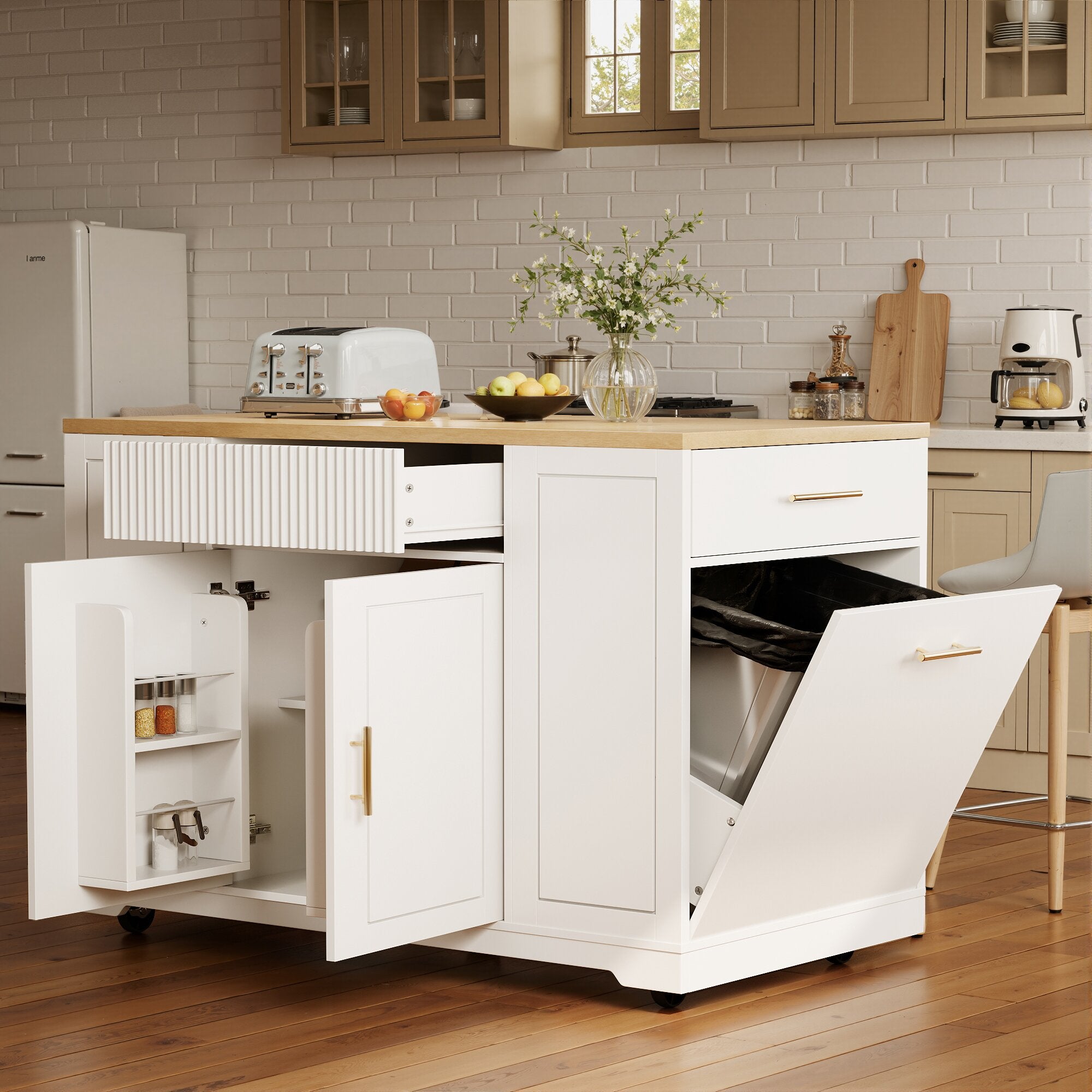 Kitchen Island with Wheels Waste Bin Storage 2 Doors 3 Drawers