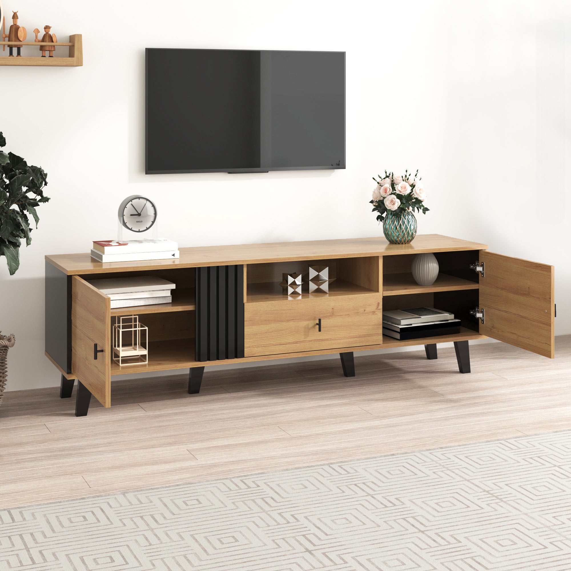 TV Cabinet, 170cm Lowboard with Drawers, Wood and Black