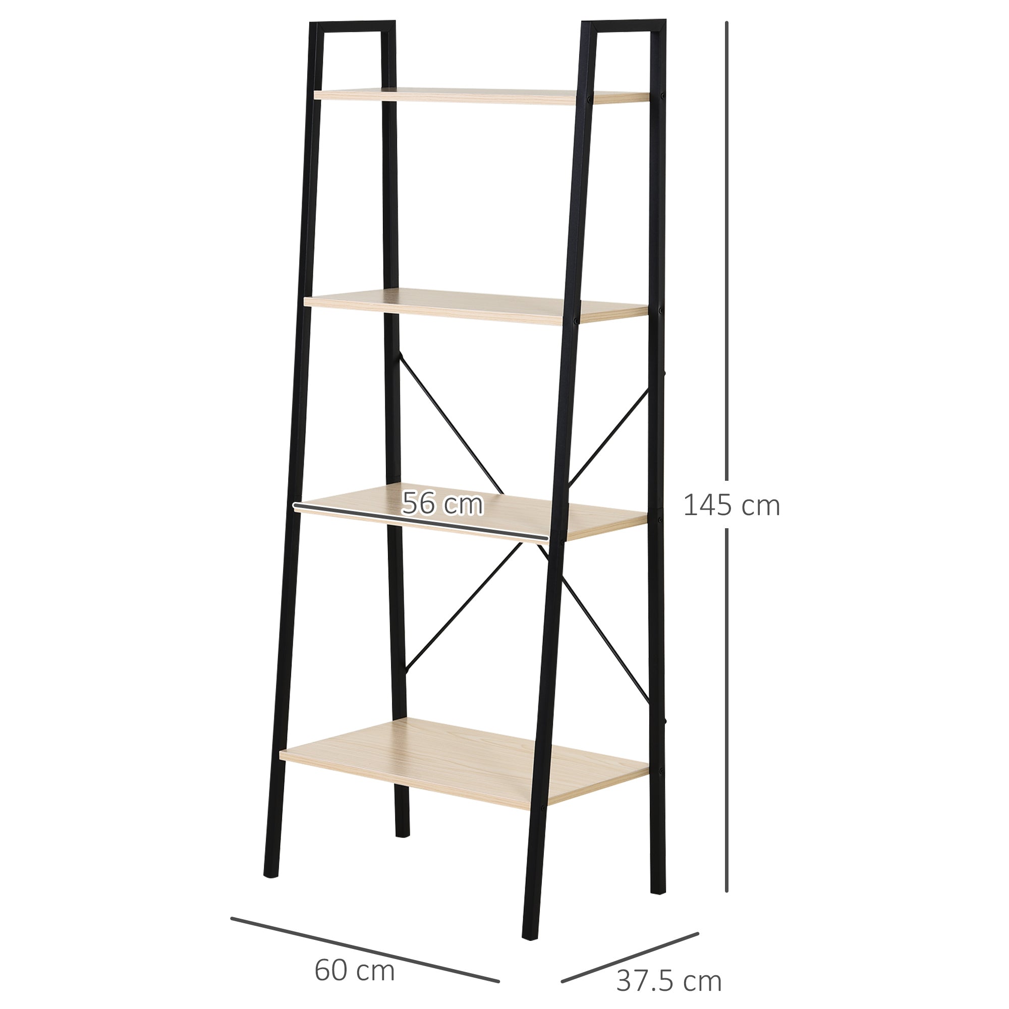 Ladder Shelf Bookshelf 4-Tier Industrial Storage Rack, Oak and Black