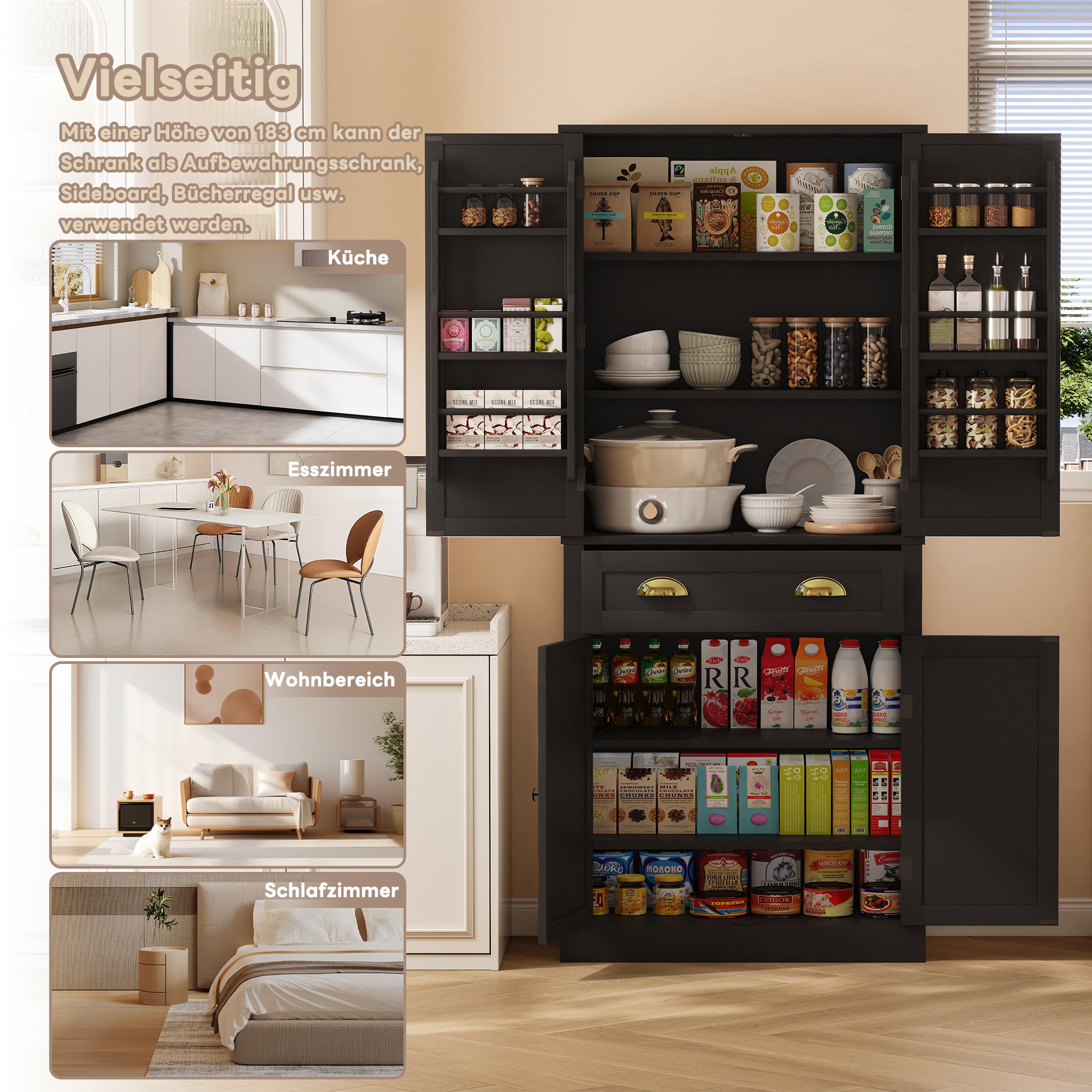 Storage Cabinet 182cm 4 Doors 1 Drawer Adjustable Shelves - Black