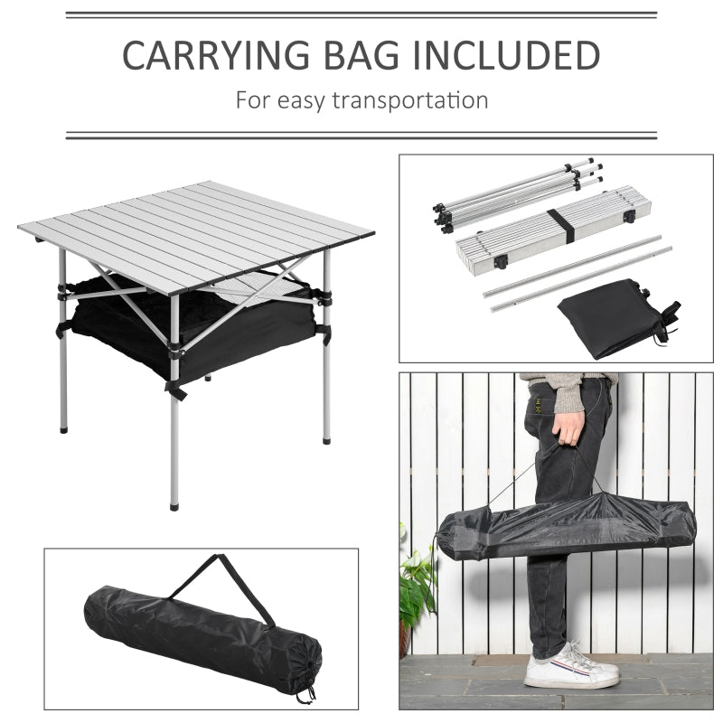 Portable Camping Table with Mesh Bag, Steel Frame, Silver Black