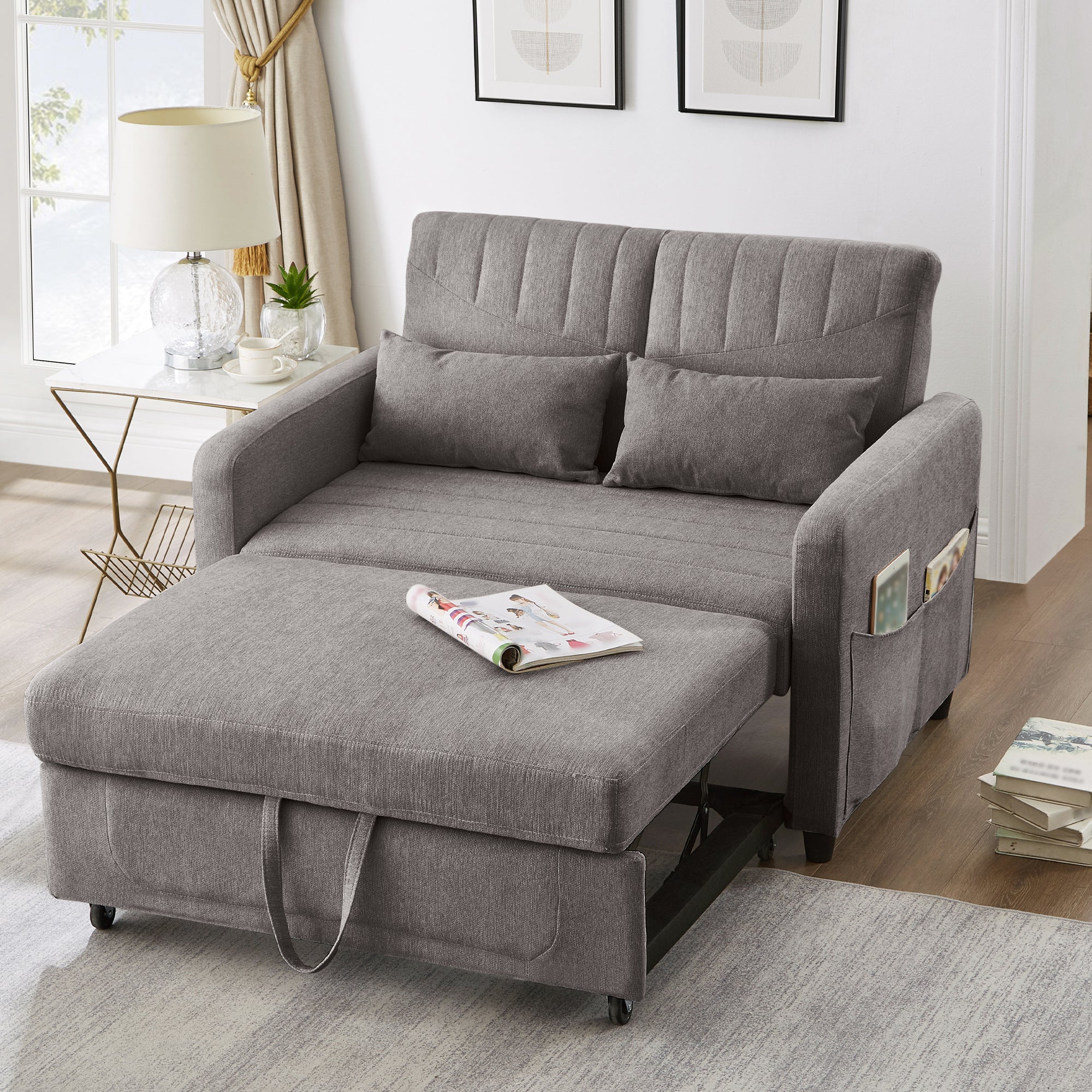 Sofa Bed, Two-Seater Folding Extendable with Adjustable Backrest, Cotton Linen