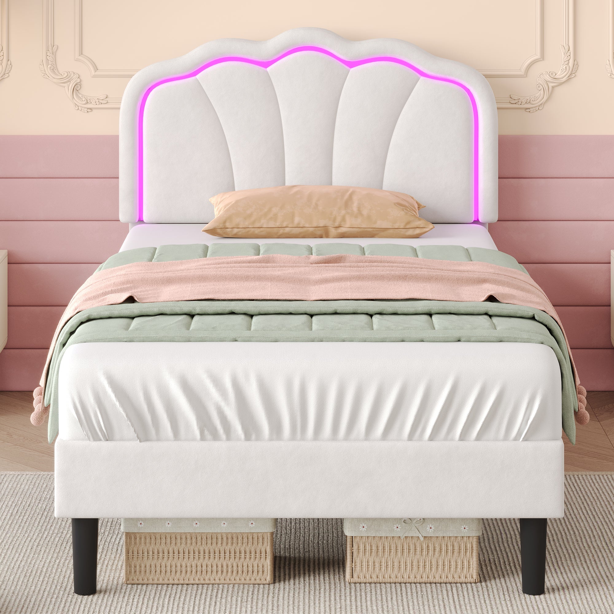 3ft Single Upholstered Bed with LED Adjustable Shell Shape Headboard, Cream White Velvet
