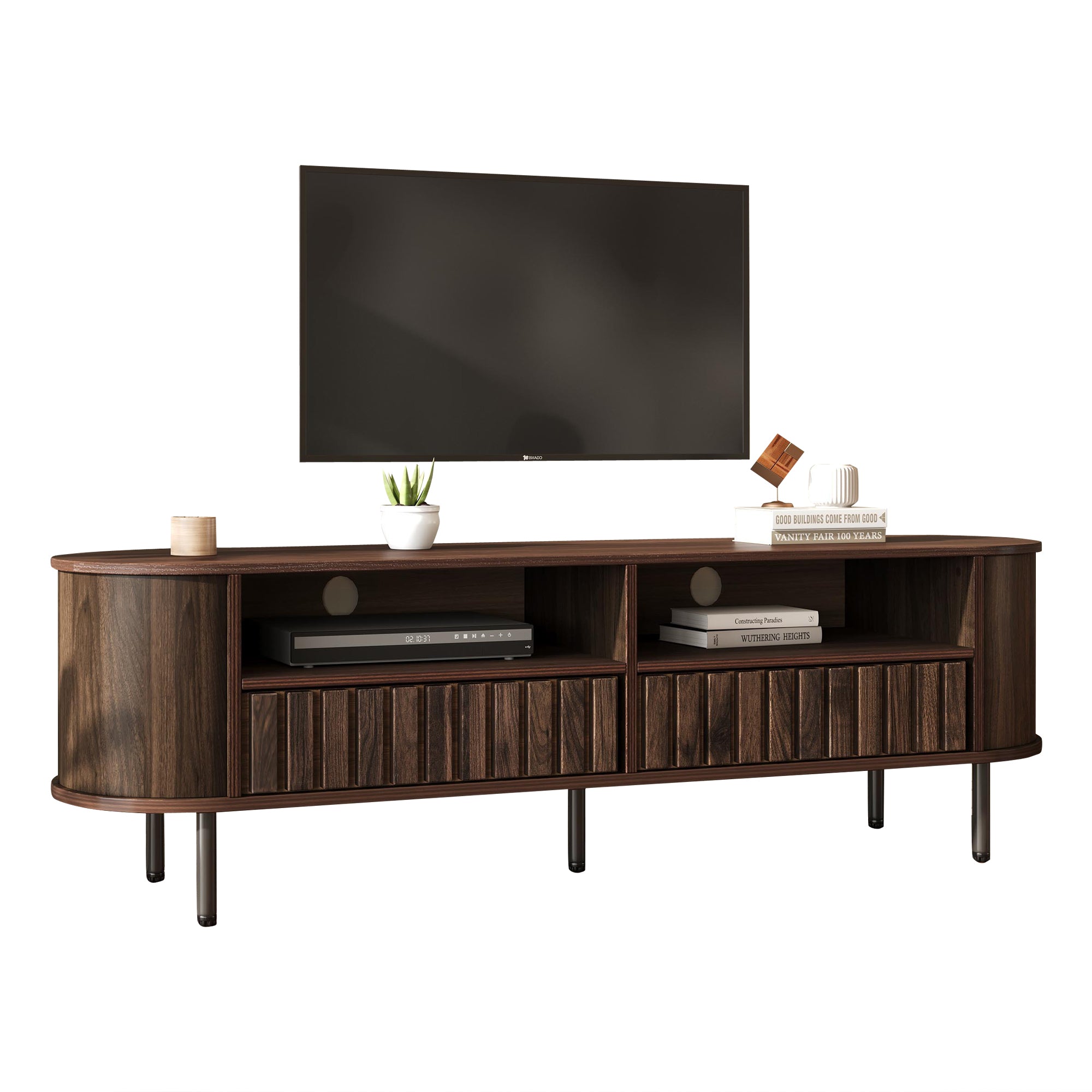 TV Cabinet Lowboard with 2 Cabinets & 2 Drawers, for up to 65" TV, Walnut-colored MDF
