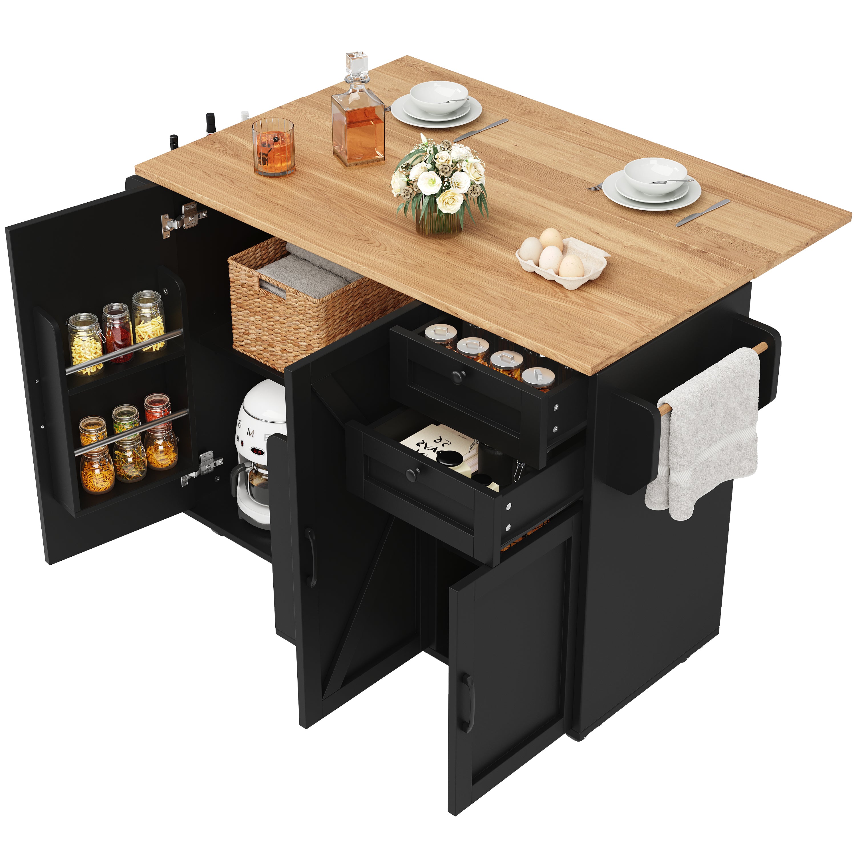 Multifunctional Kitchen Island Dining Table with Storage, Snack Shelves, Wood Grain Black