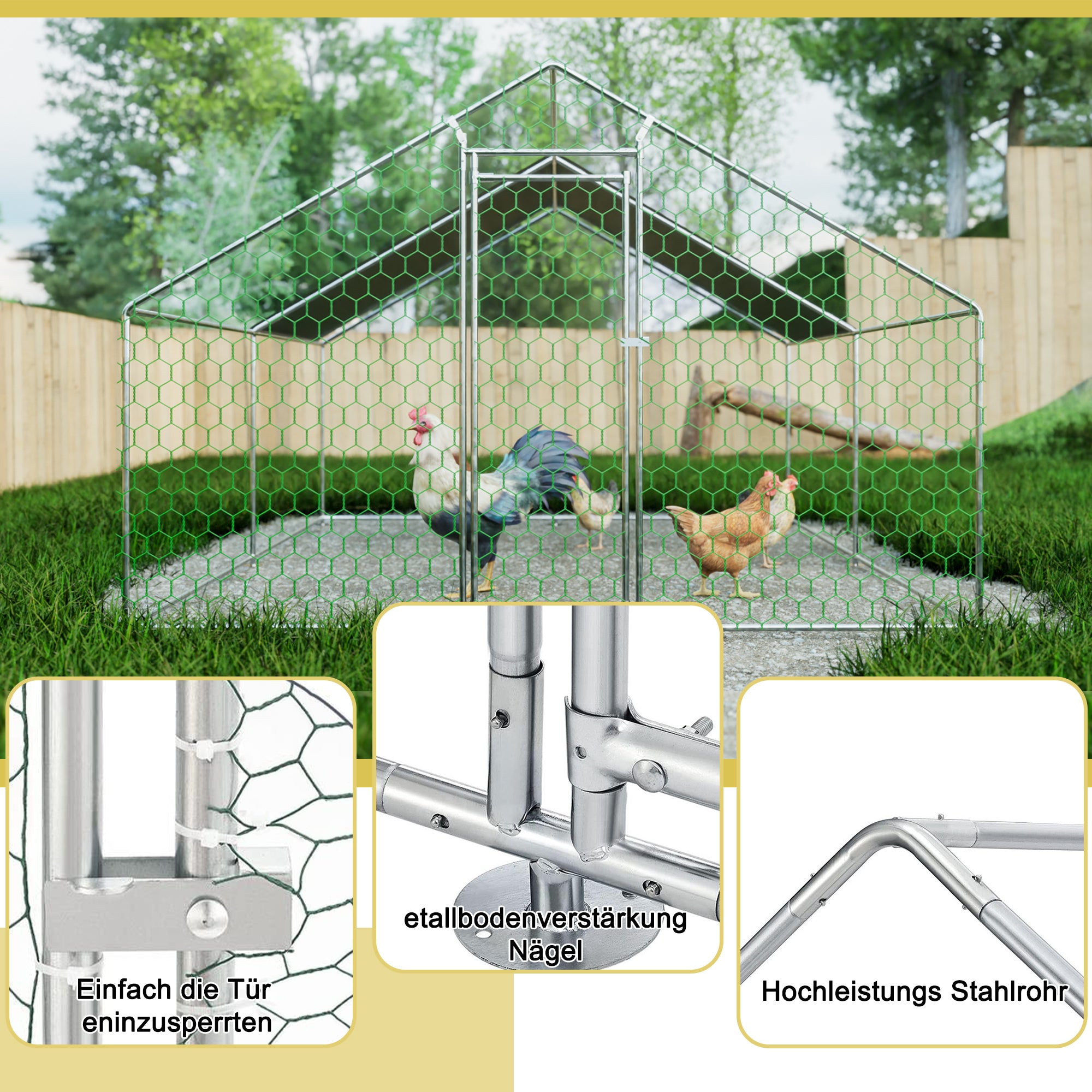 Free-range Chicken Coop, 3x4x2m with Safety Lock, Metal & PE Cloth