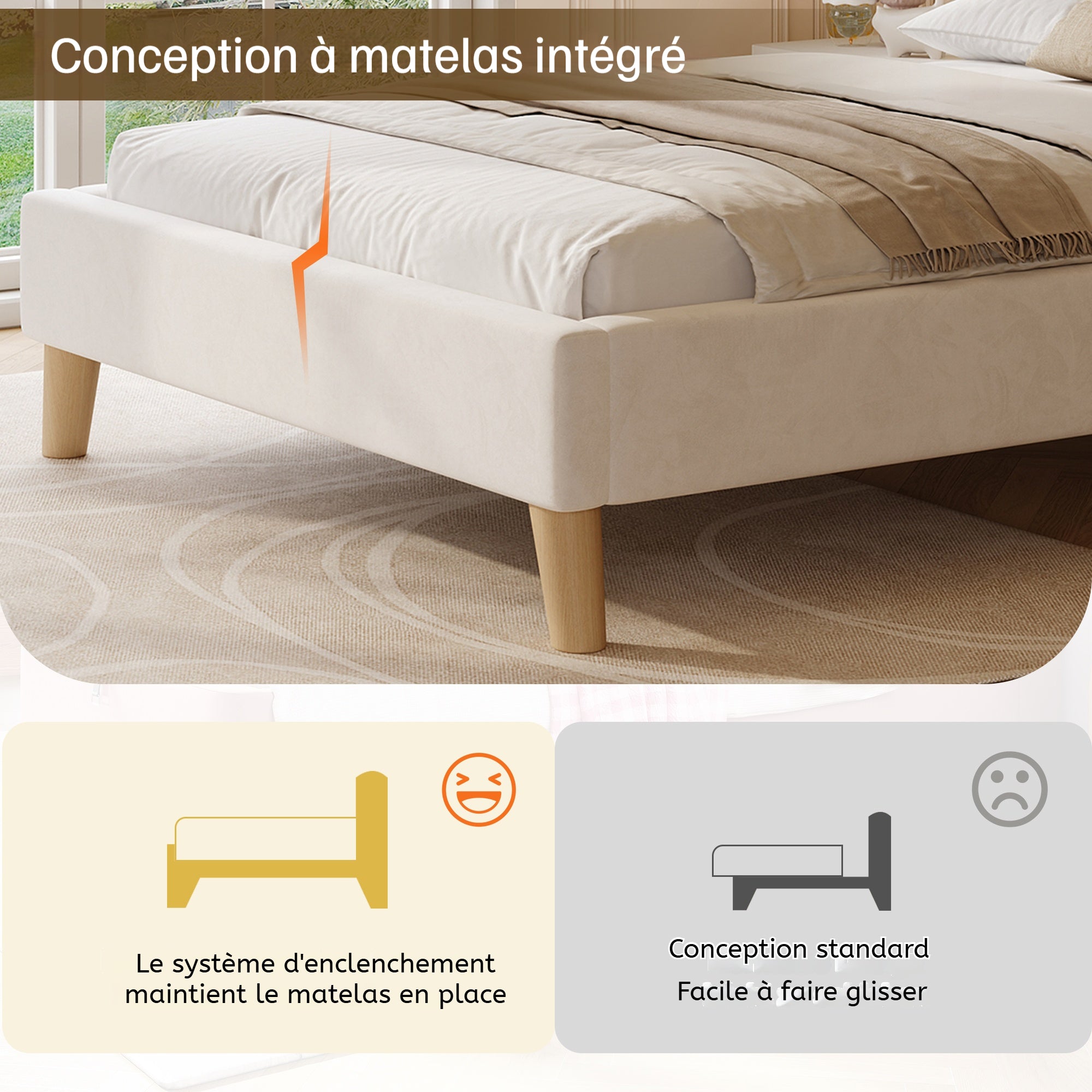 Upholstered Single Bed 90 x 200cm with Slatted Base and Solid Wood Legs, Beige Velvet