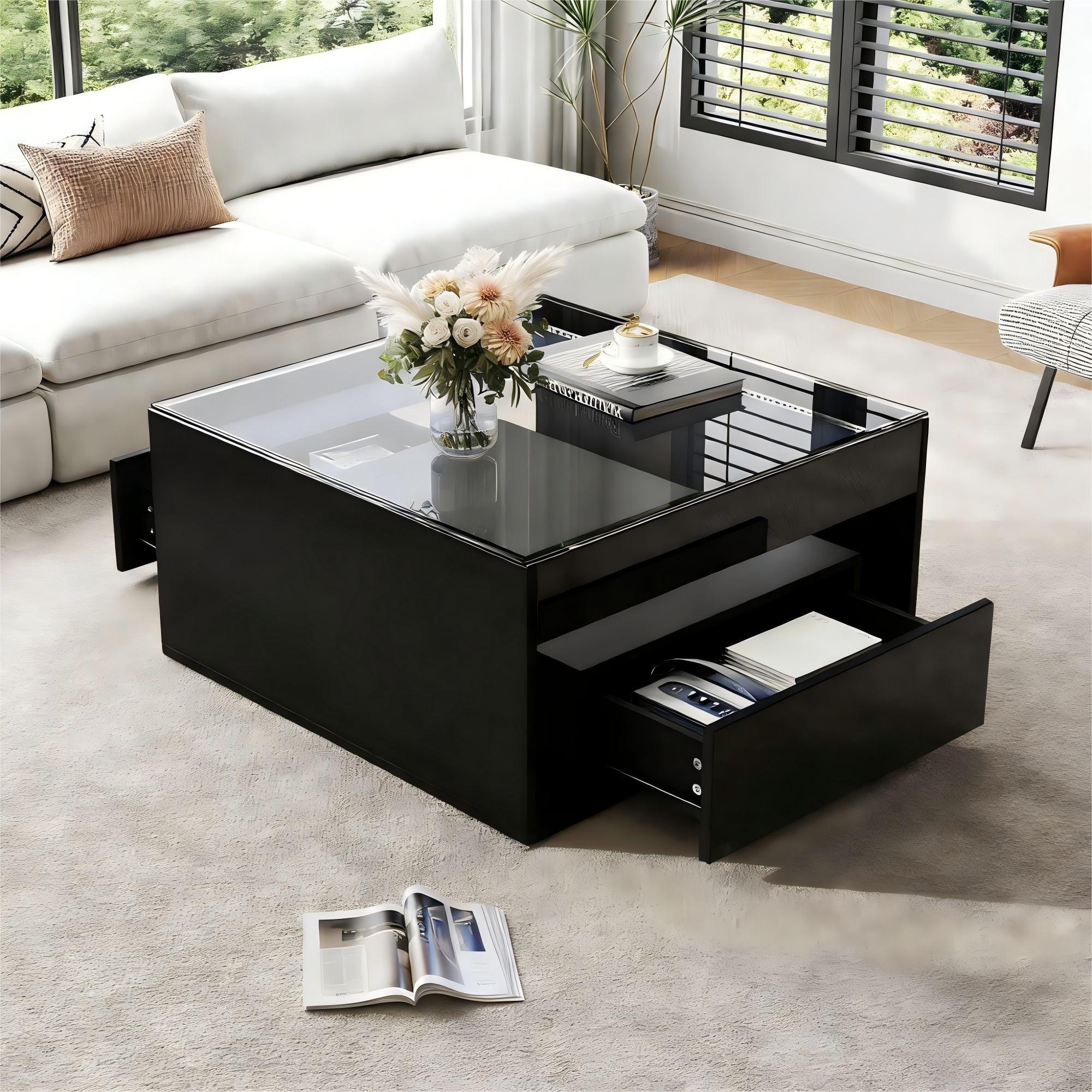 Coffee Table with 2 Drawers and LED Tempered Glass Top, High Gloss Black