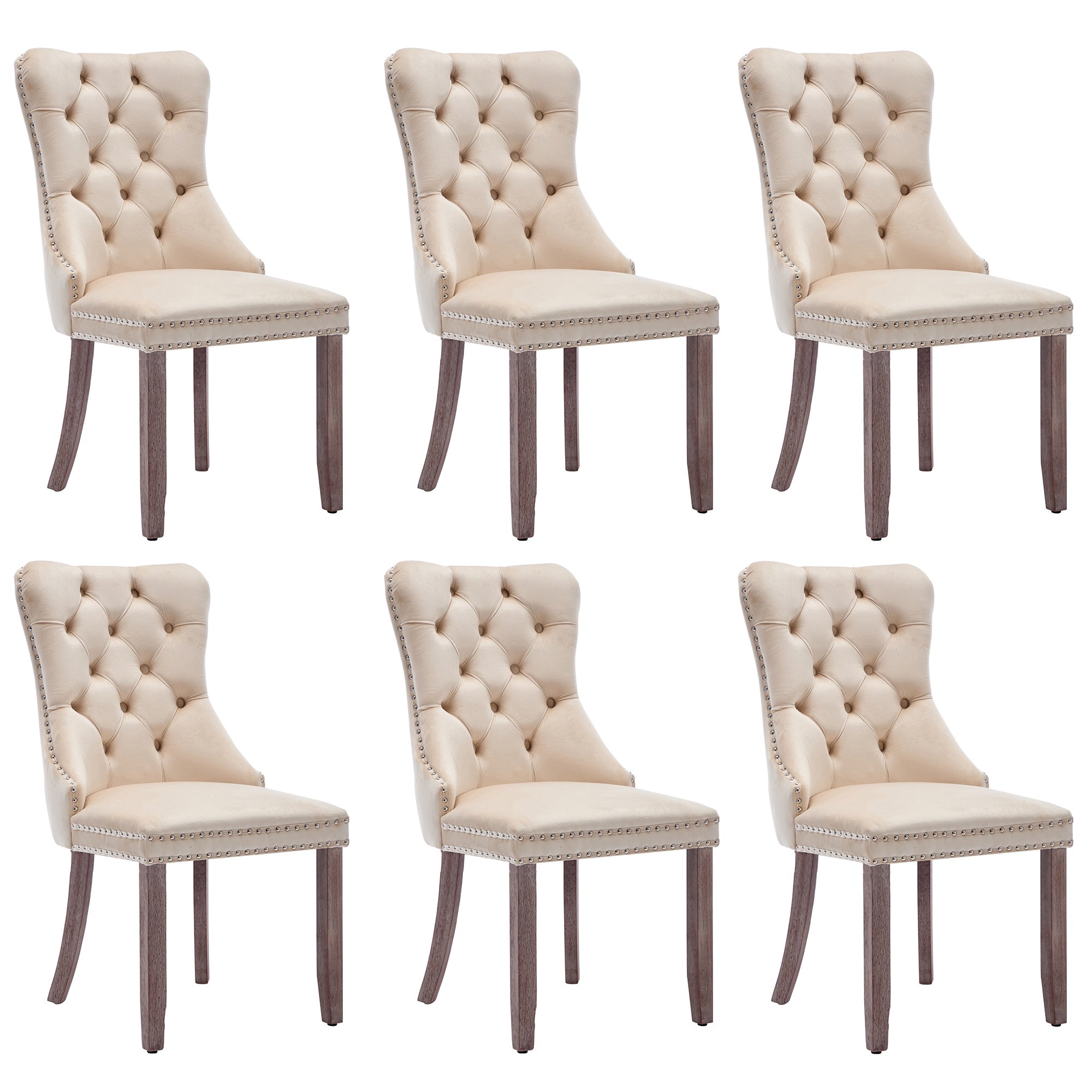 Modern Set of 6 Upholstered Velvet Dining Chairs, Button Tufted with Brushed Wood Legs, Riveted Trim, and Knocker Ring, Beige