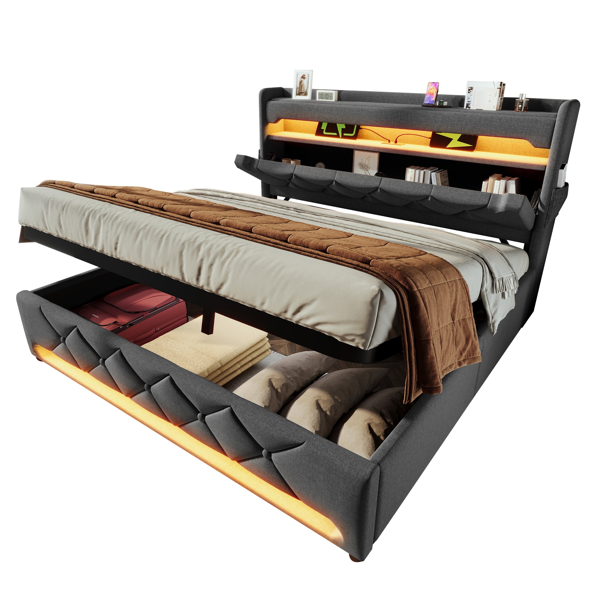 Upholstered Double Bed 160*200, Storage Headboard with USB & Type-C, Hydraulic Storage, Gray Linen