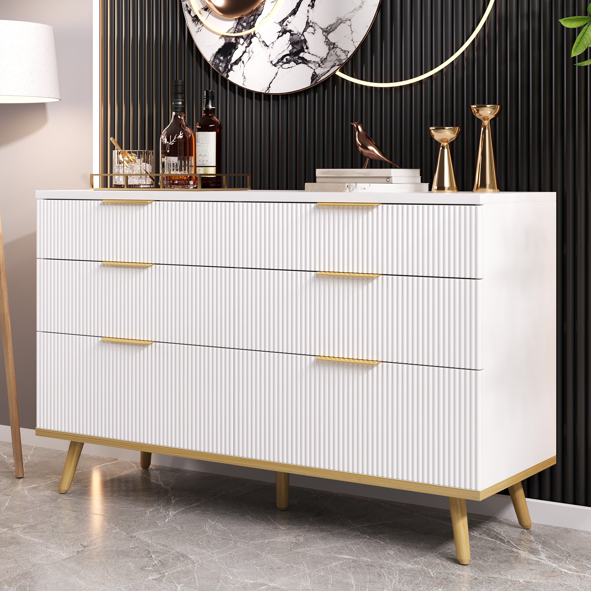 Modern 6-Drawer Chest of Drawers with Wood-Look Feet, White Particleboard
