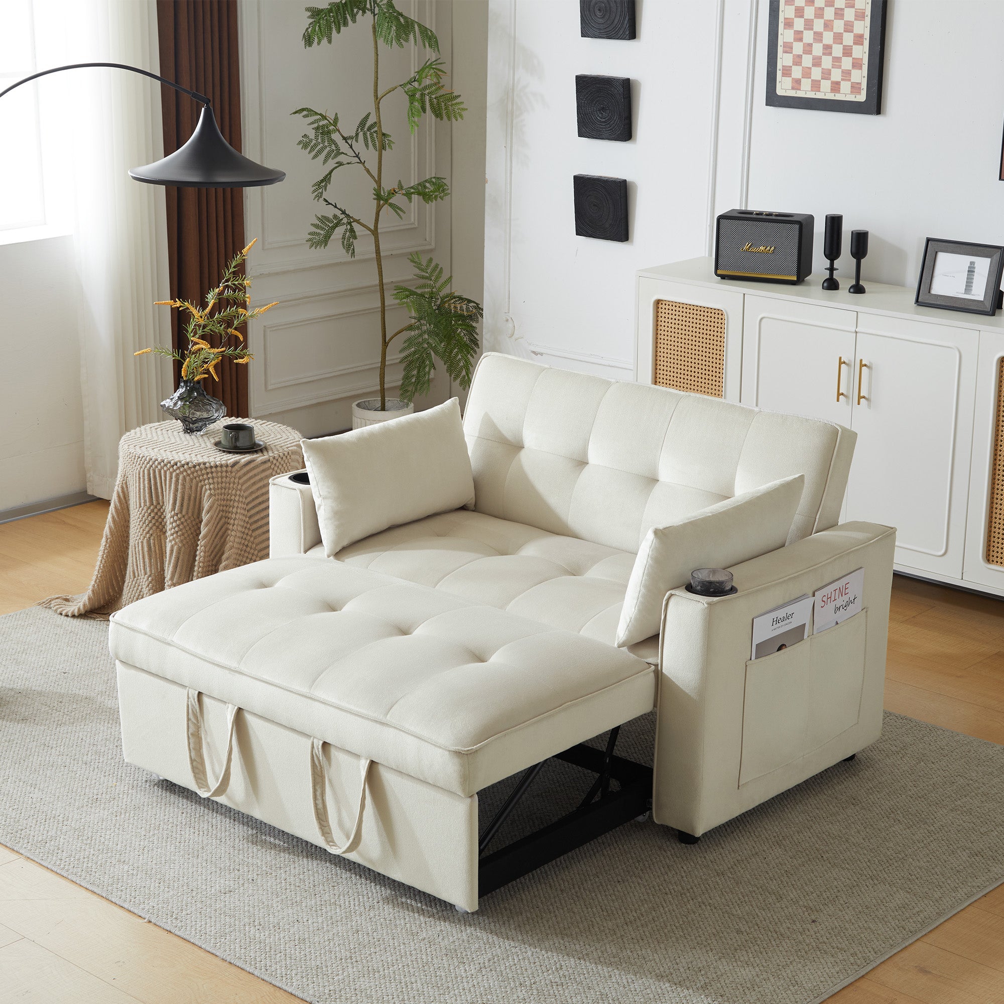 Folding Sofa Bed, Multifunctional with Cup Holder & Pillow, for Living Room, Bedroom, Home Theater