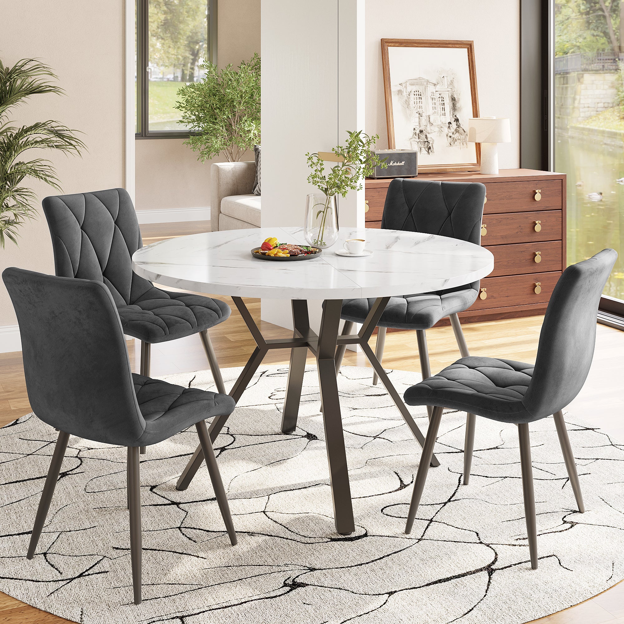 Round Dining Table, Modern Simple, Black Marble