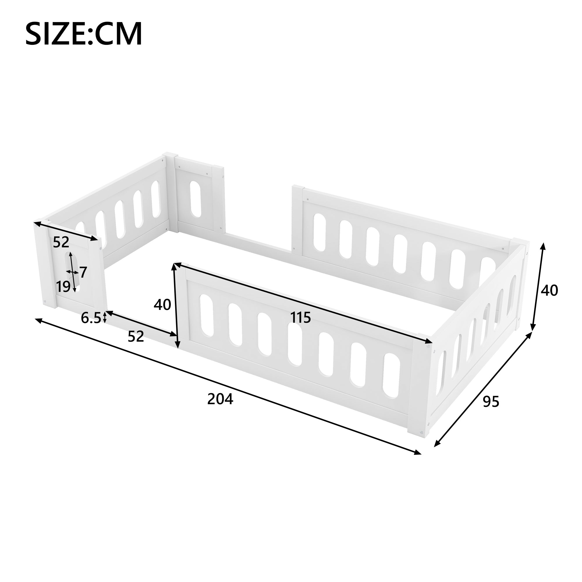 Wooden Platform Bed 90x200 with Railing, White