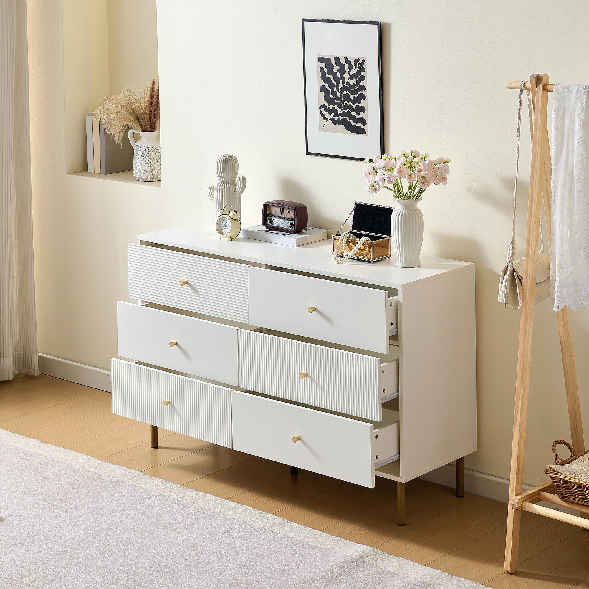Chest of Drawers, 6-Drawer Storage with Steel Legs, White MDF