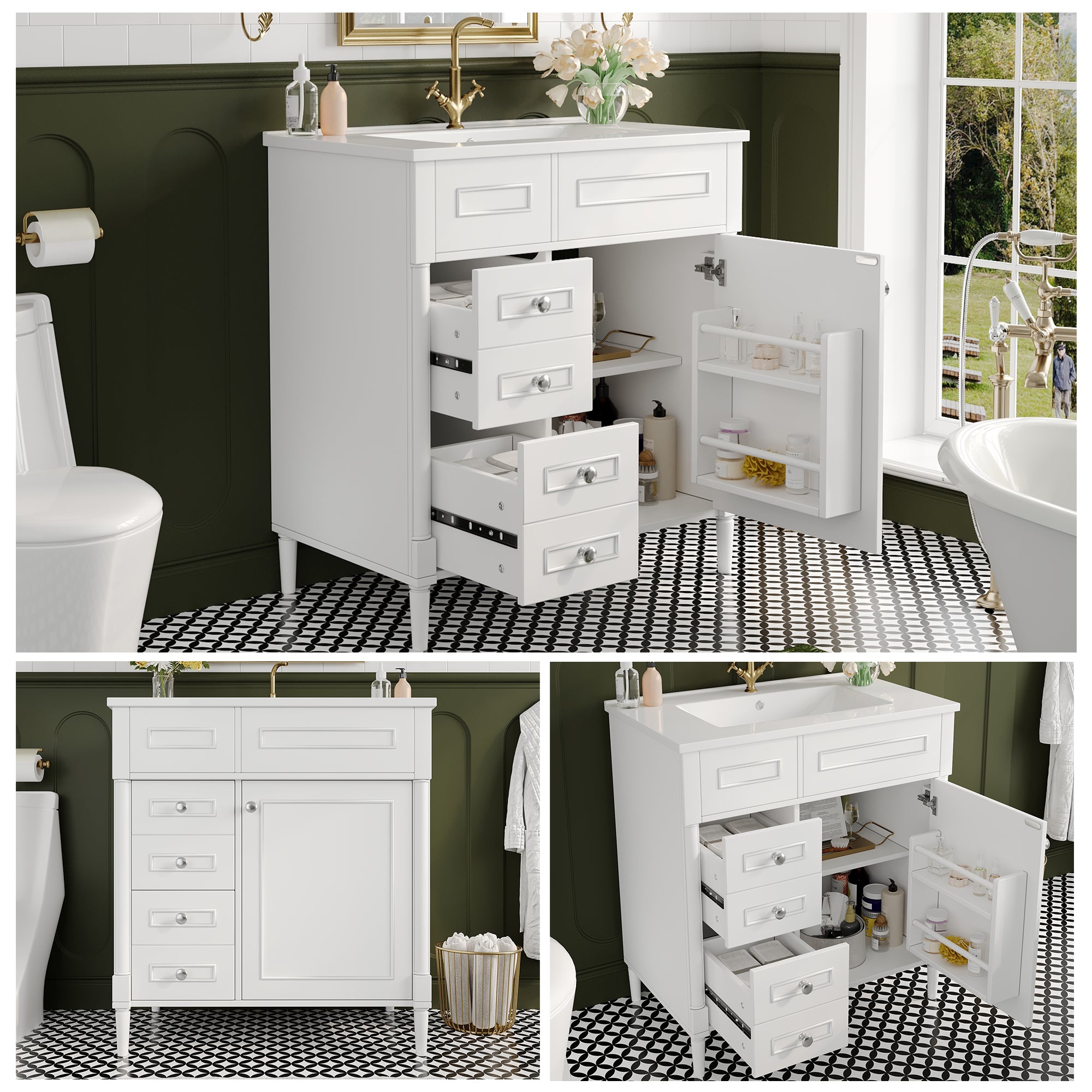 Bathroom Vanity Unit with Sink and 2 Storage Drawers, White