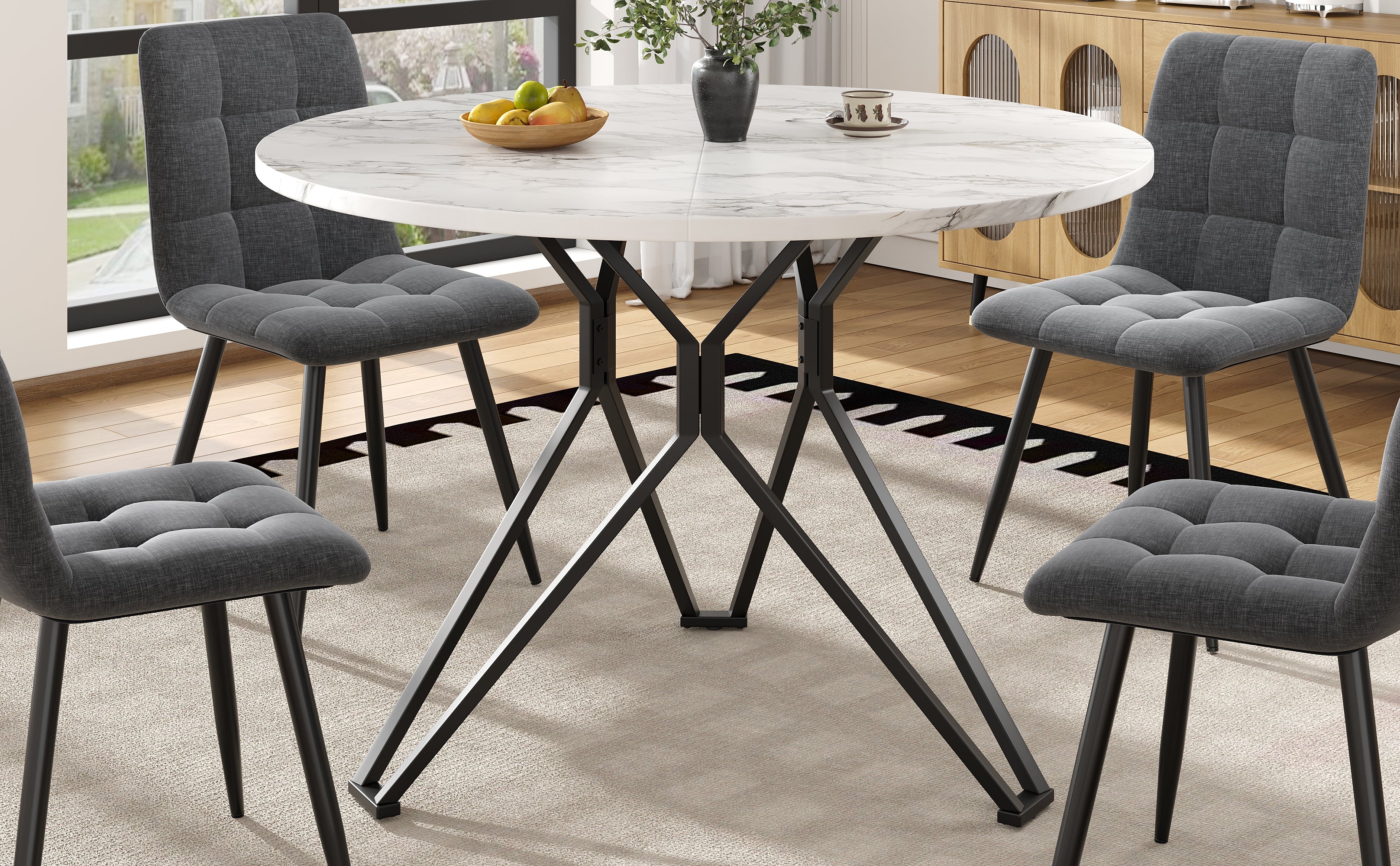 Round Dining Table, 100x100x76cm, 4-Person, MDF Marble, Black