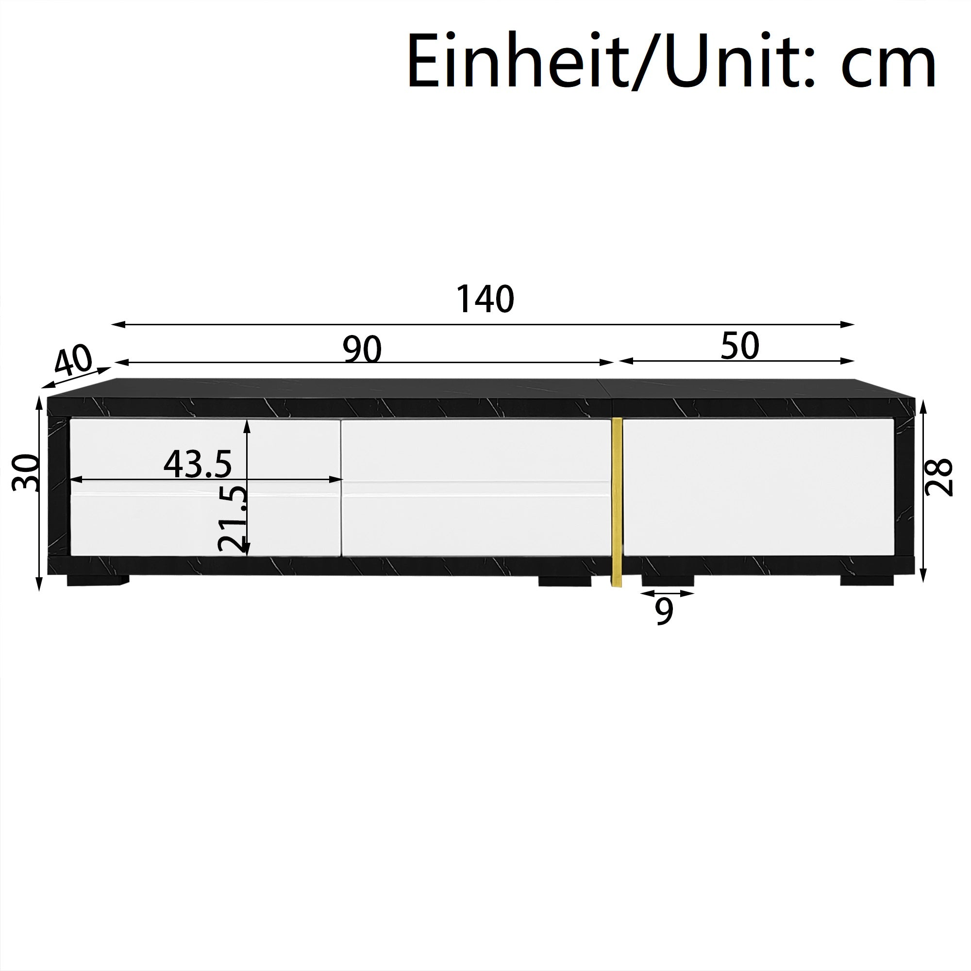 TV Cabinet, Adjustable Length (140-260 cm) Swivel, Black Marble, White High-Gloss Matte, Gold Trim
