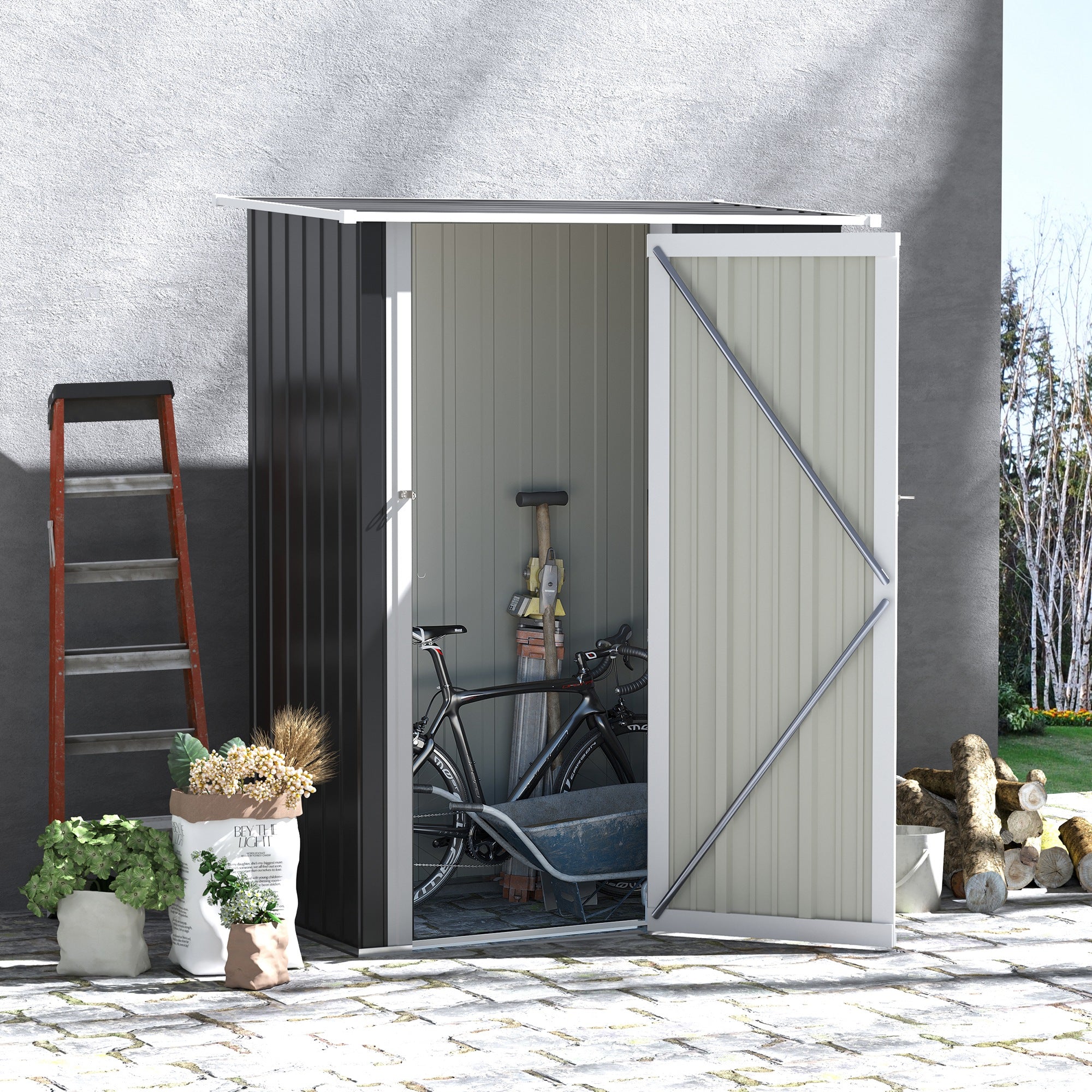 Metal Garden Storage Shed 5ft x 3ft, Outdoor Tool Shed Sloped Roof Lockable Door, Grey