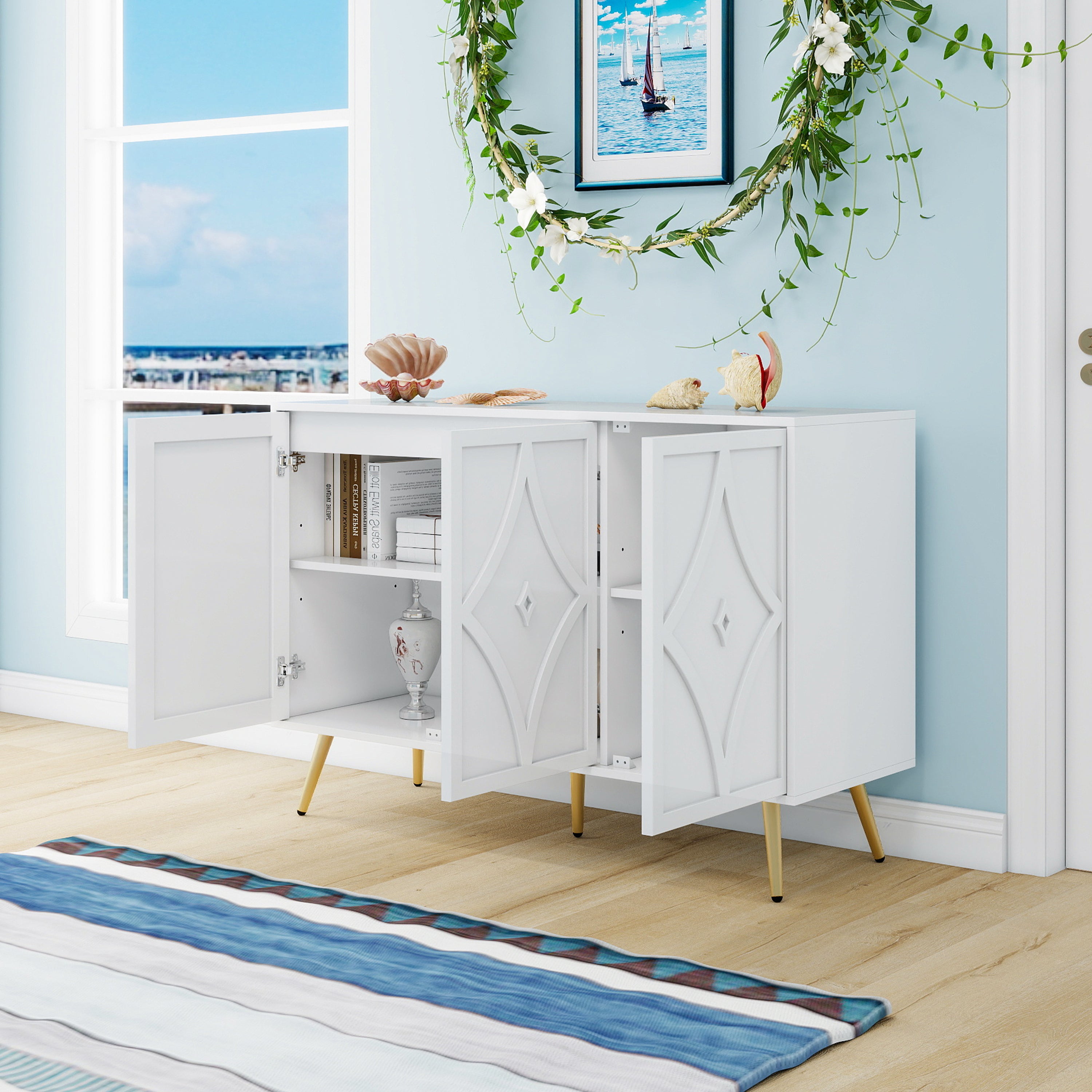 Sideboard Cabinet, 3-Door, 3D Carving, Gold Metal Legs, White