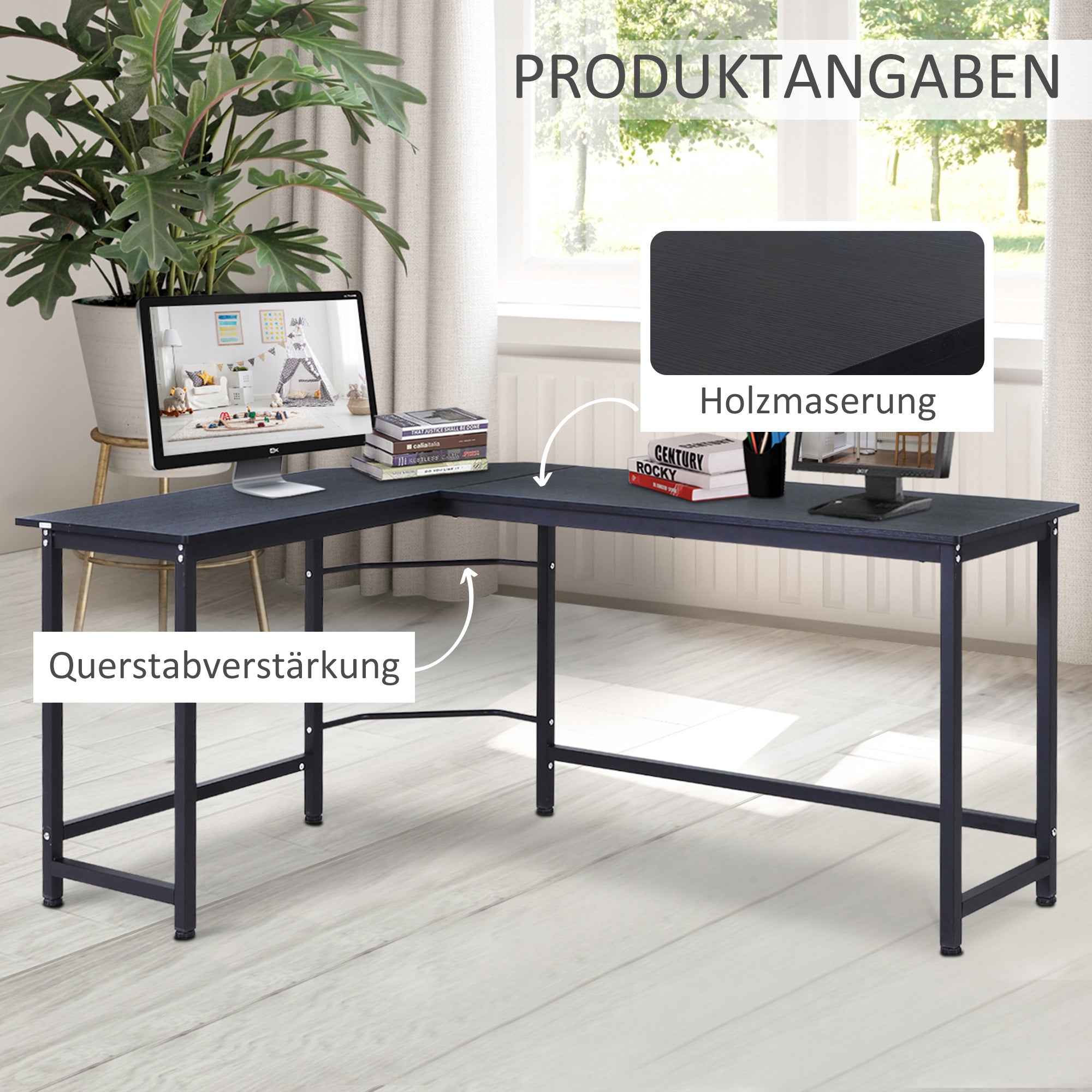 Vinsetto Corner Desk Height Adjustable, Metal Black