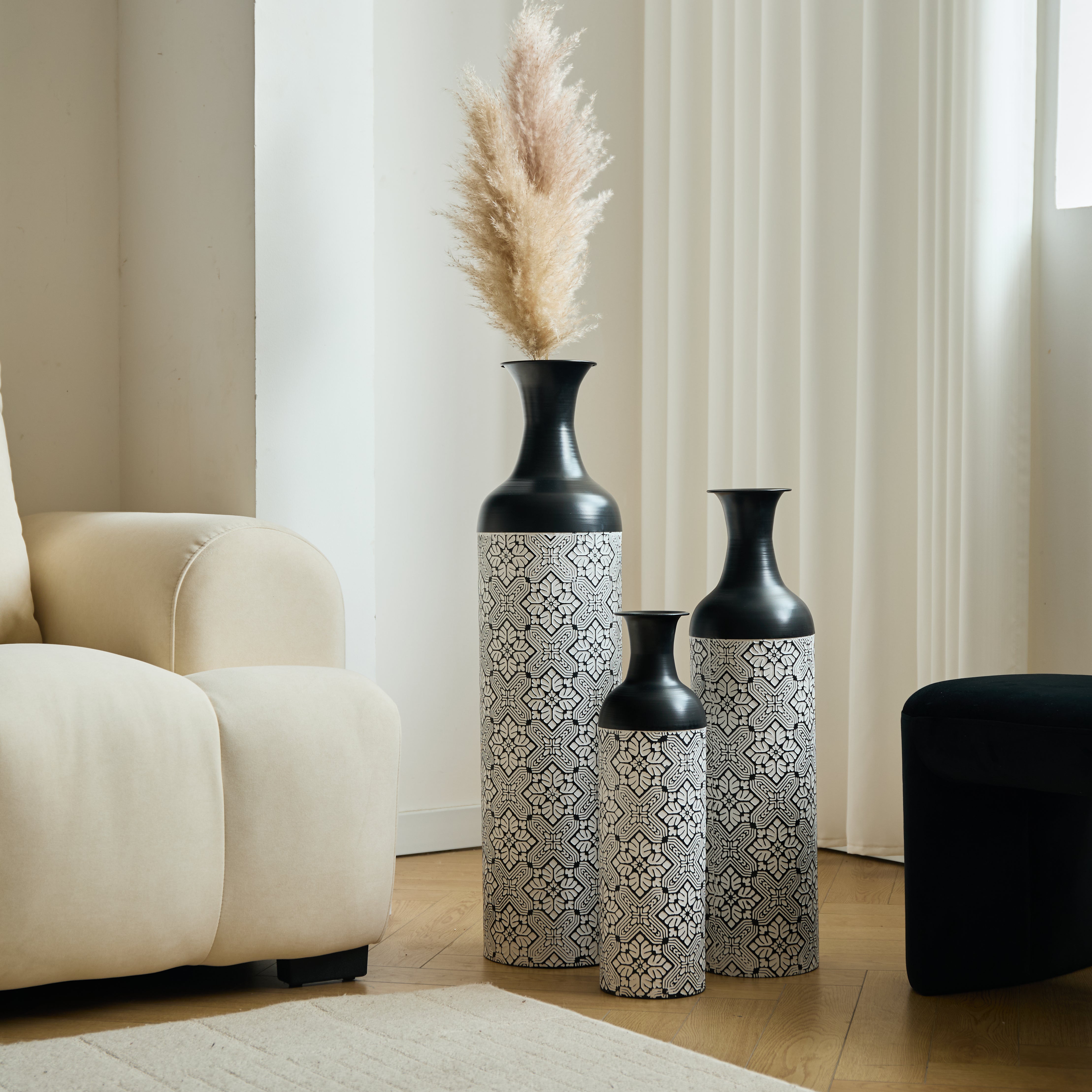 Floor to Ceiling Vase Set, 3-Piece Retro 83/65/50cm Decorative, Black and White Metal