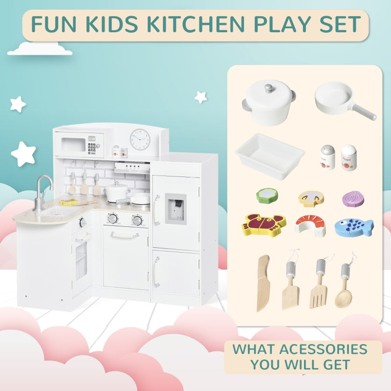 Kids Play Kitchen: Wooden Toy Cooking Set with Drinking Fountain, Microwave, Fridge - White