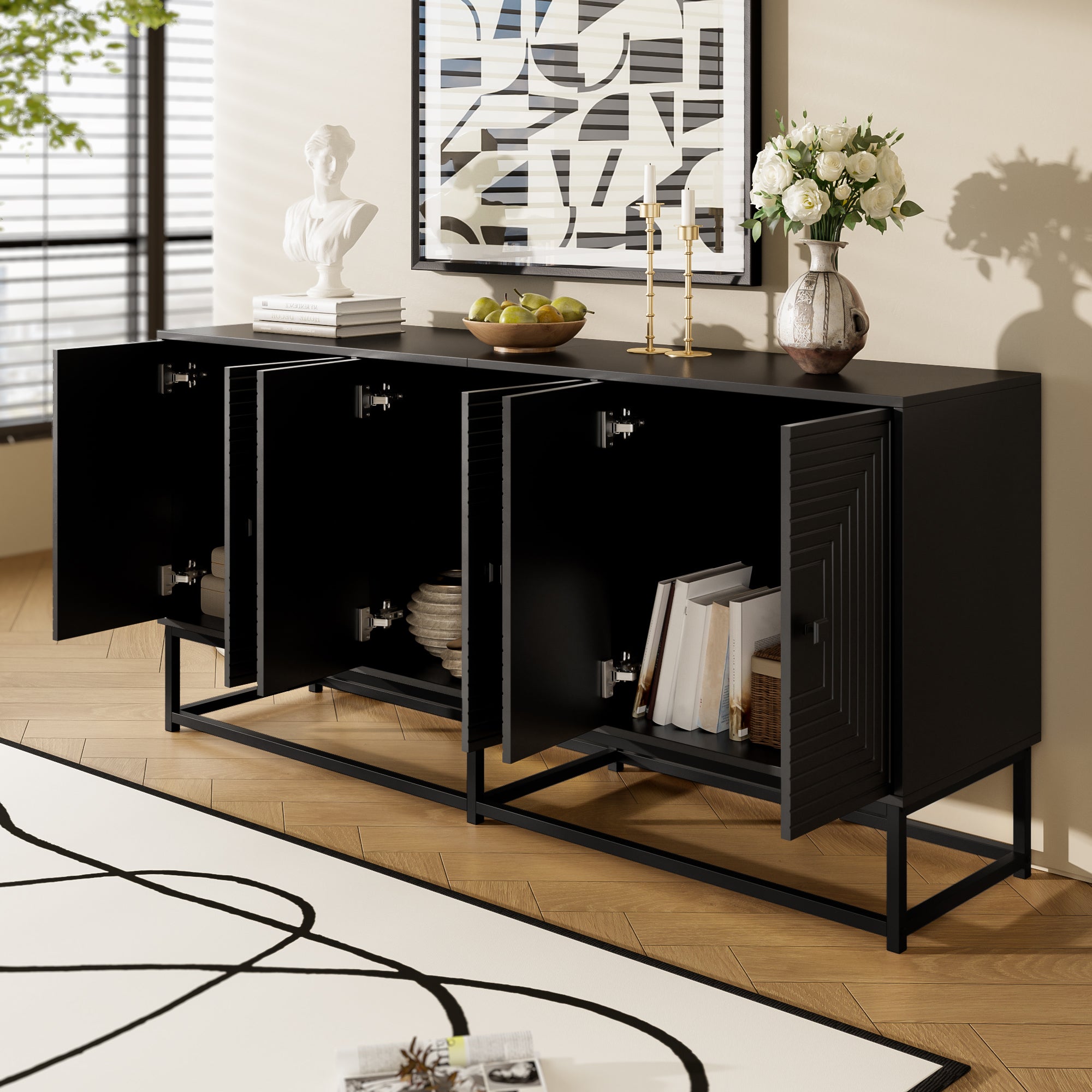 Storage Cabinet with 3 Double Doors, Large Storage Space, Matte Finish, Black