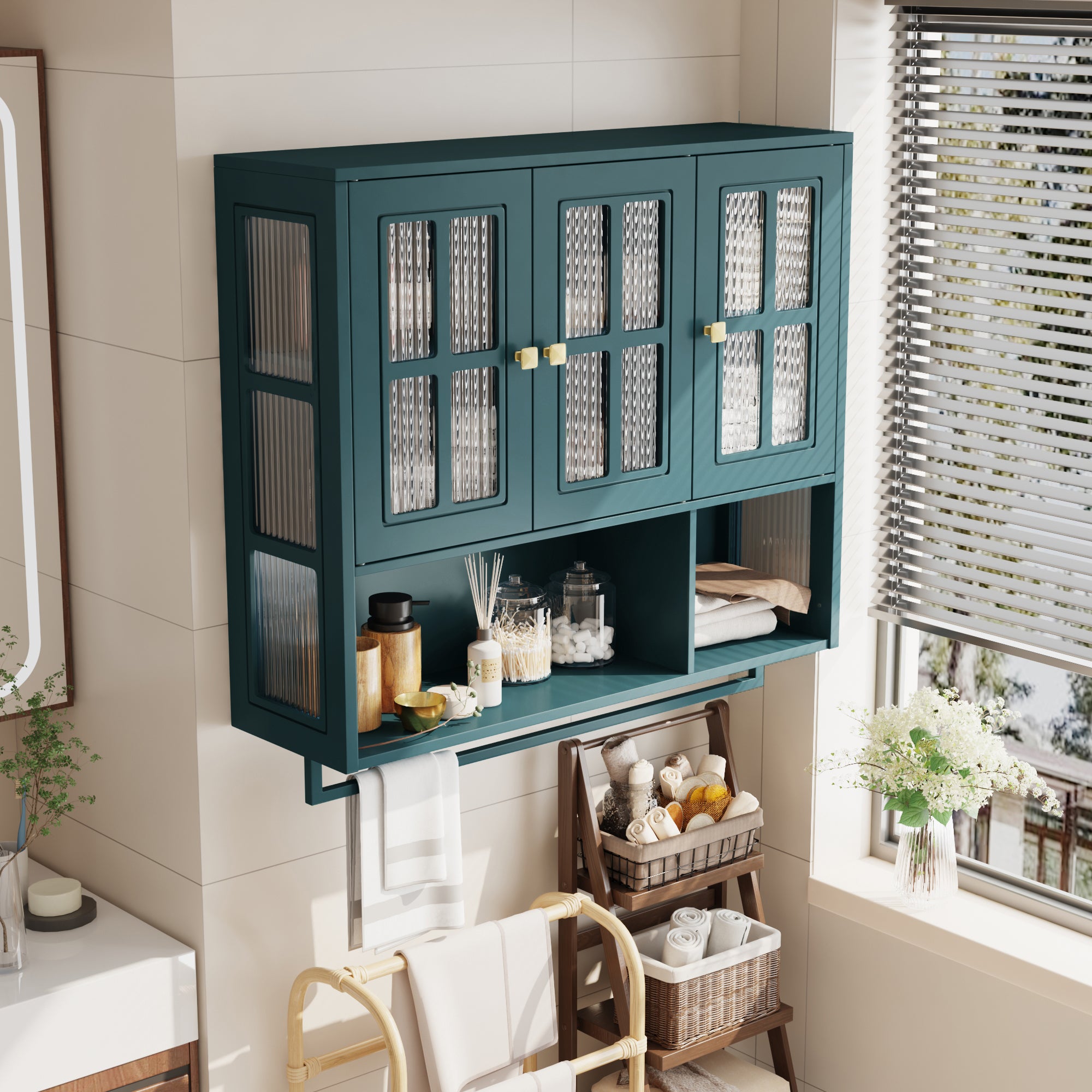 Bathroom Wall Cabinet 3-Door Wooden Glass Door Towel Bar - Dark Green