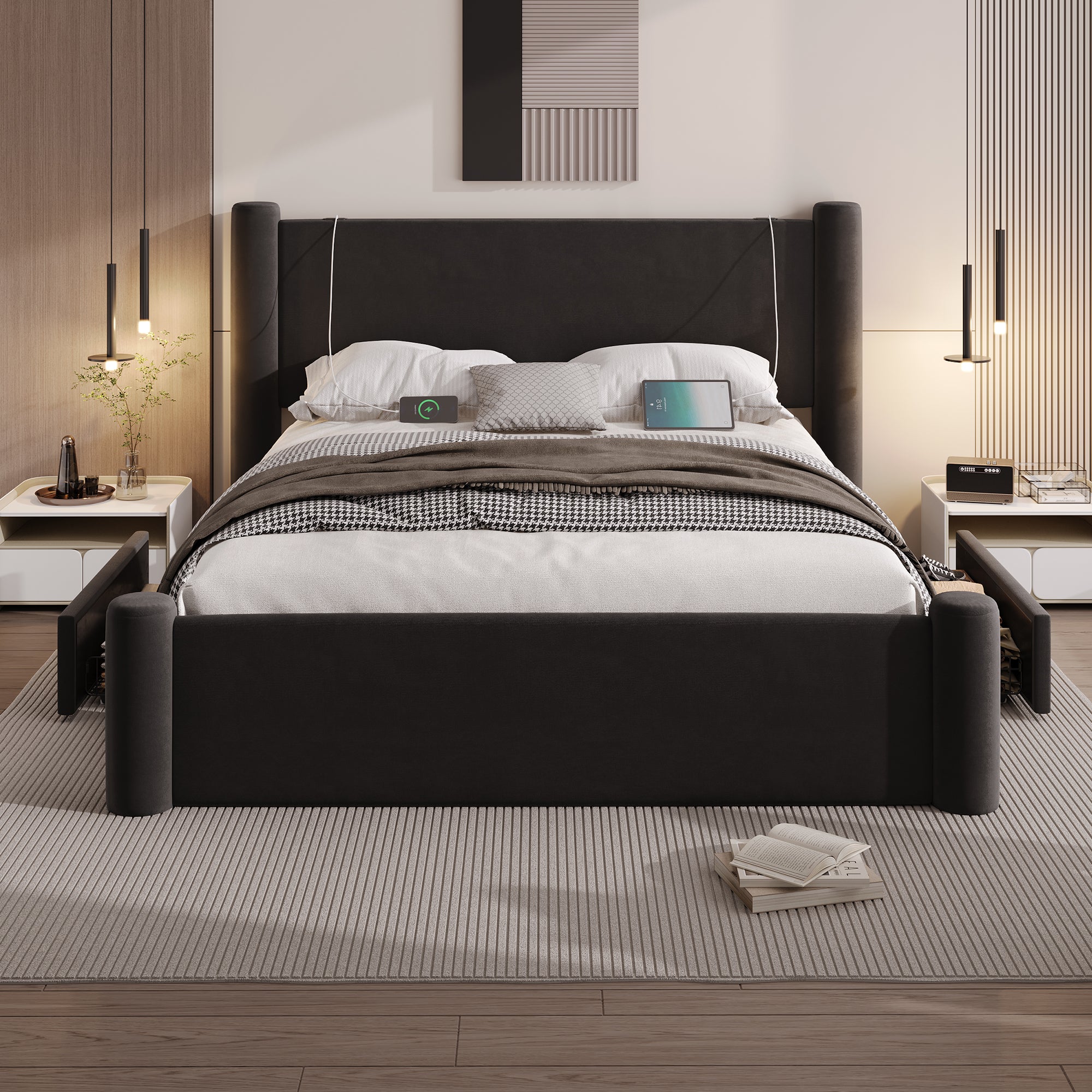 Bed Frame, 160x200cm, 3D Column, Padded Headboard, 2 Storage Drawers, USB, Black