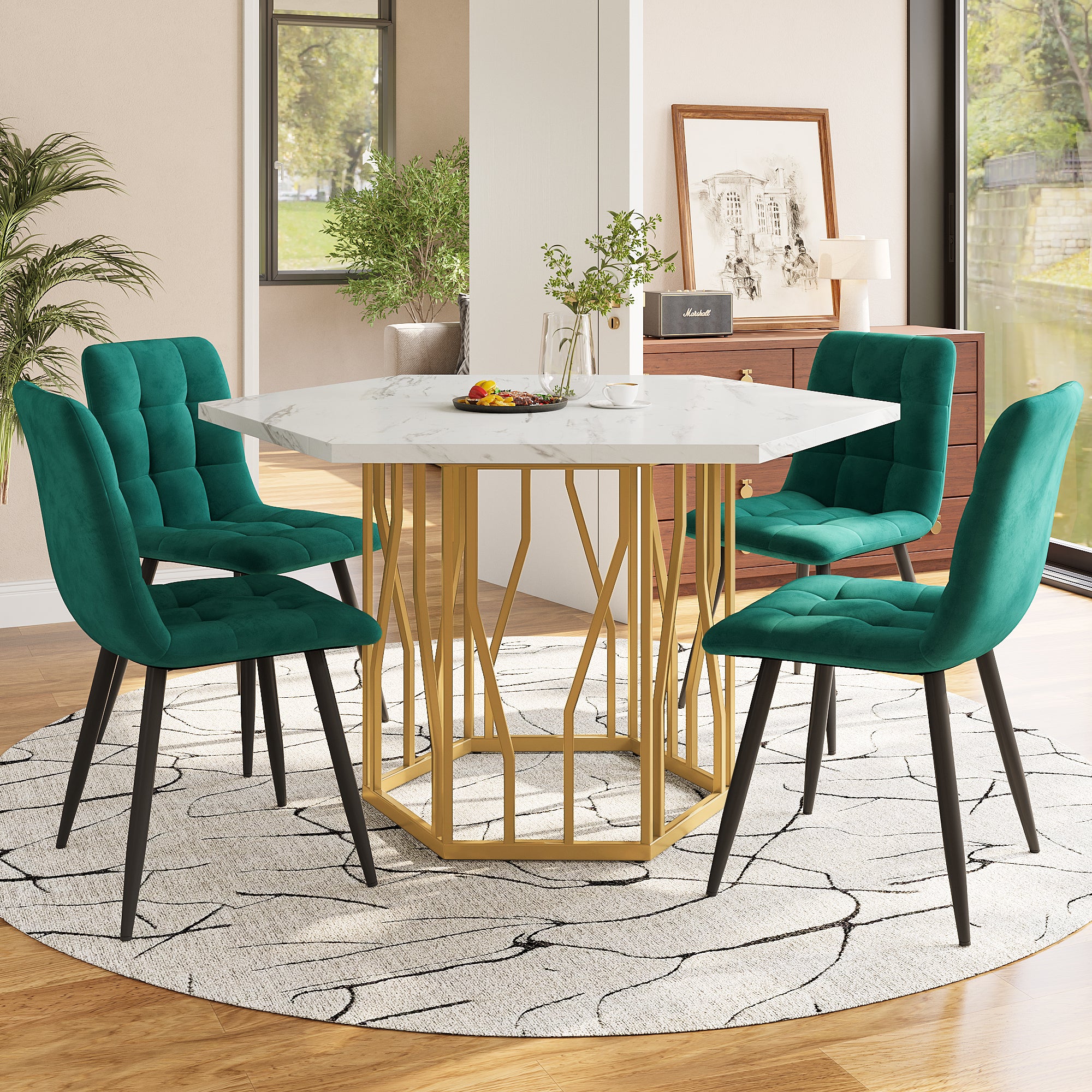 Dining Set (5-Piece) Modern Hexagonal Marble Table 4 Green Velvet Chairs Gold Legs