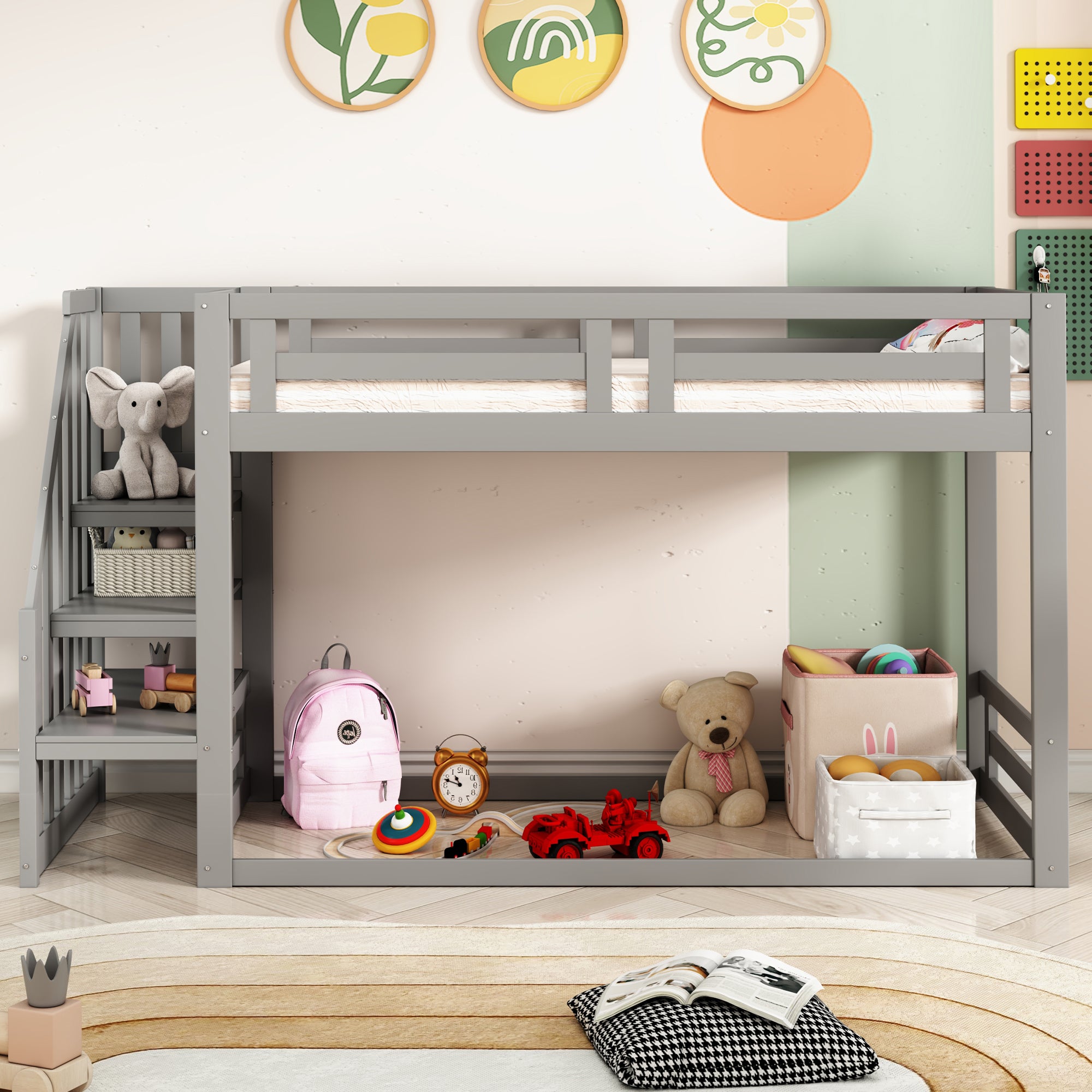 Children's Bed, Low Bunk with Safety Stairs, Solid Wood Gray