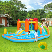 Multifunctional Outdoor Bouncy Castle with Blower, Water Slide, Trampoline, Basketball Hoop, Water Gun, 2 Pool Areas, 1 Large and 1 Small Slide