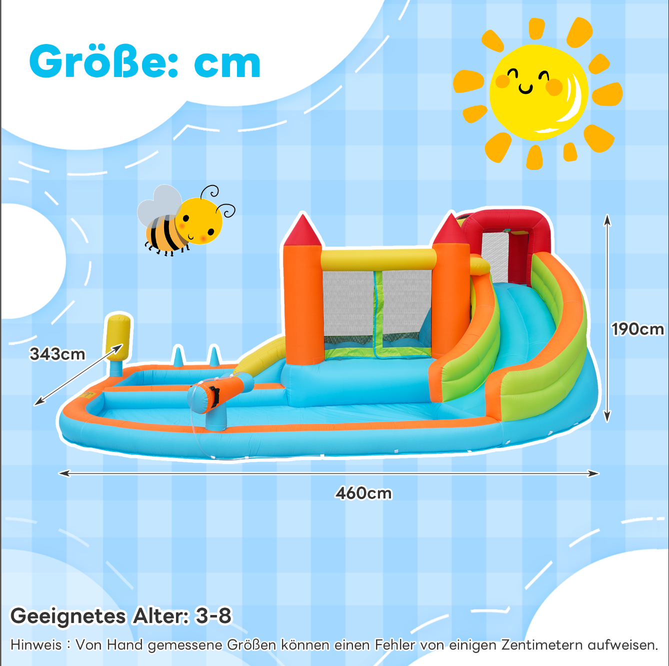 Multifunctional Outdoor Bouncy Castle with Blower, Water Slide, Trampoline, Basketball Hoop, Water Gun, 2 Pool Areas, 1 Large and 1 Small Slide