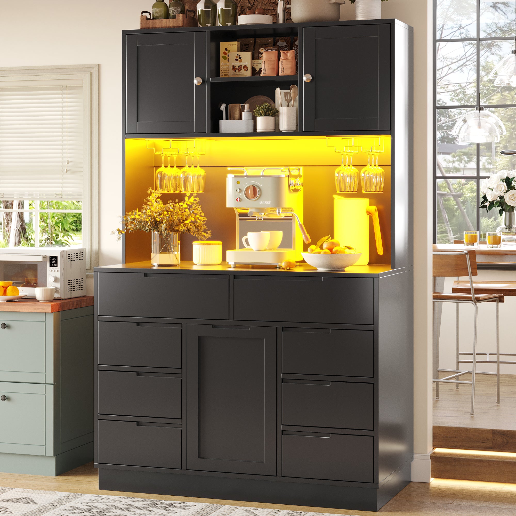 Tall Cabinet 120x40x183.5cm Smart LED Lighting 8 Drawers Adjustable Shelves Black