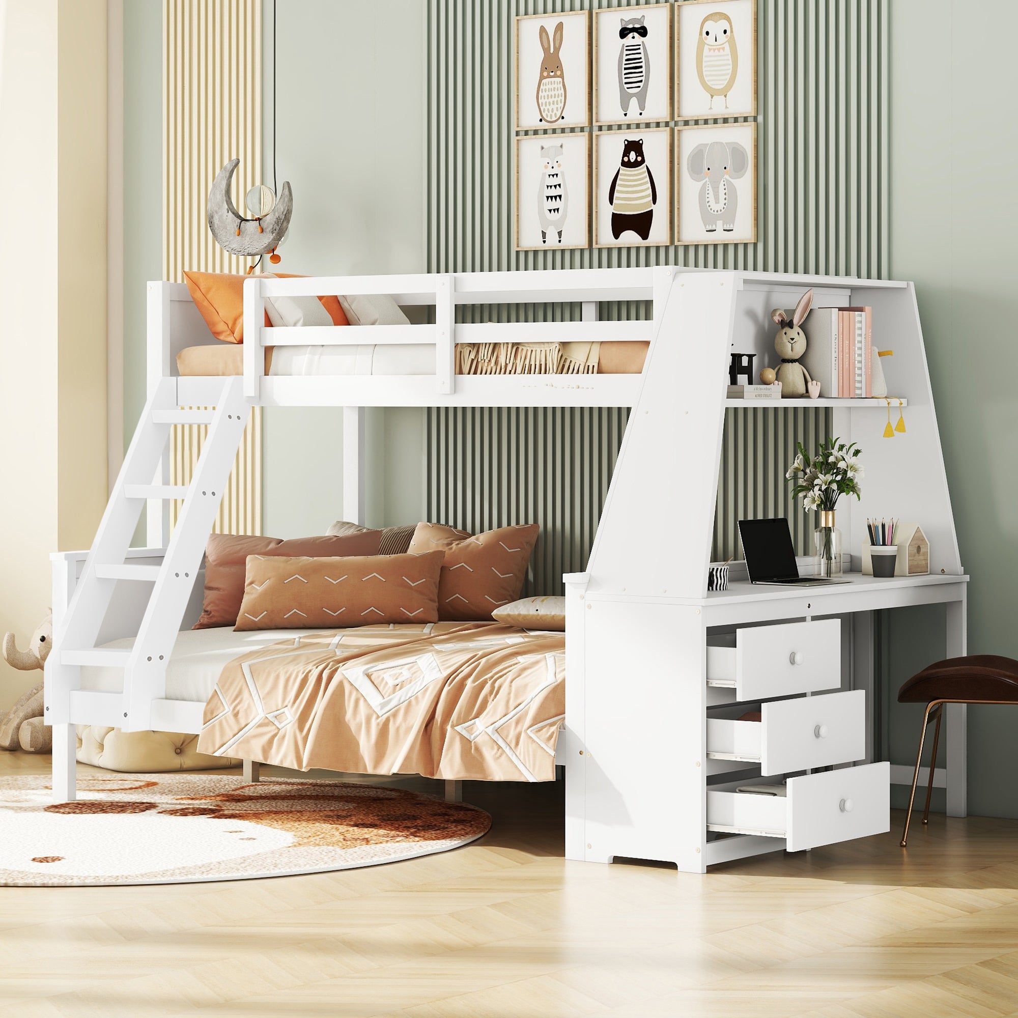Bunk Bed 90x200cm/140x200cm Table Storage High Railing - White